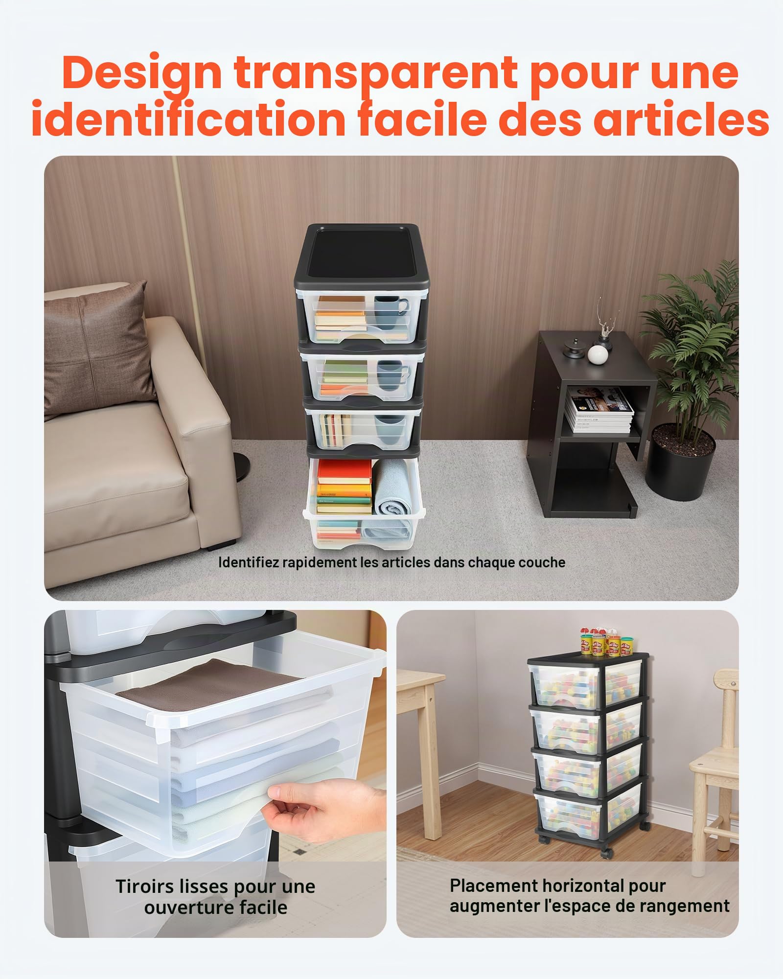 VEVOR Chariot de rangement à 4 tiroirs en plastique, tour de rangement à roulettes, organiseur mobile à 4 niveaux, bac transparent pour fournitures de bureau, salles de bricolage et salles de classe