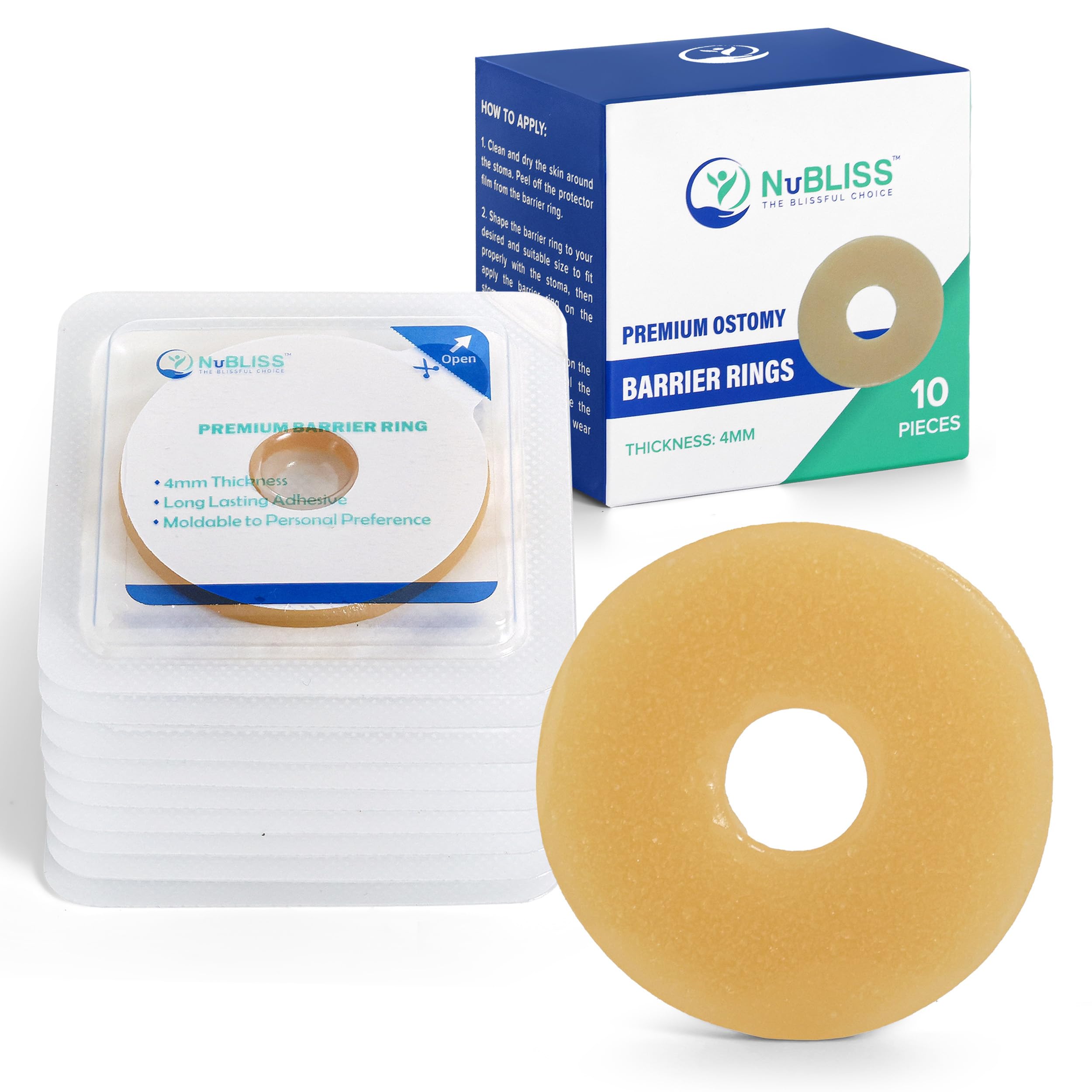 NuBliss Ostomy Barrier Rings - FSA & HSA Eligible 10PCs 4mm Thick Stoma Rings Colostomy Supplies for Patients - Flexible and Moldable Adhesive Ostomy Supplies Barrier Rings - 2x2 Inches