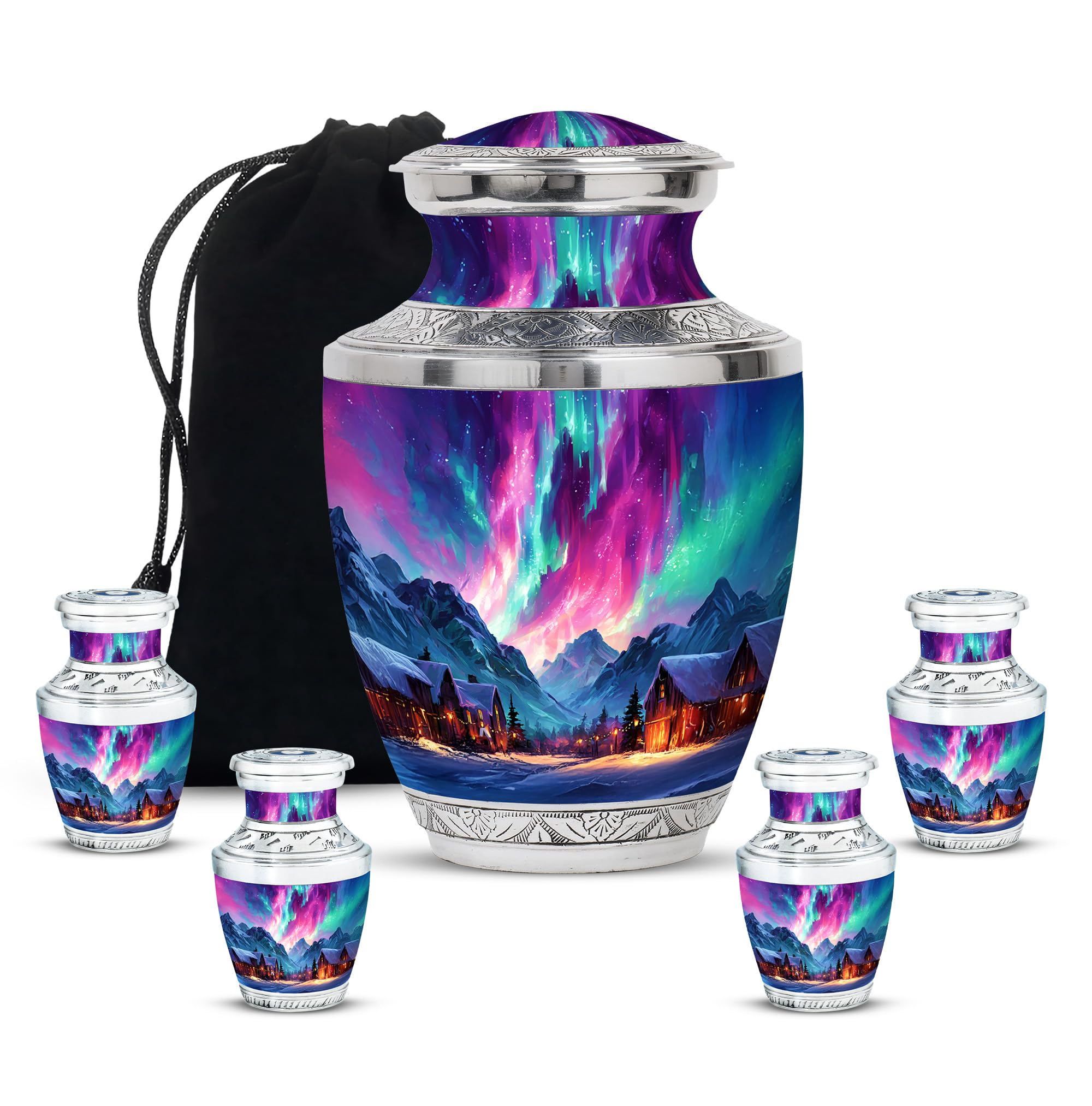 Blue Northern Lights Burial Urns for Human Ashes Adult Female, Unique Decorative Cremation Box, Large Memorial Keepsake Urn, Funeral Gift - 3Inch 4Pcs Small & 10Inch 1Pcs Large Size Combo- Pack of 5