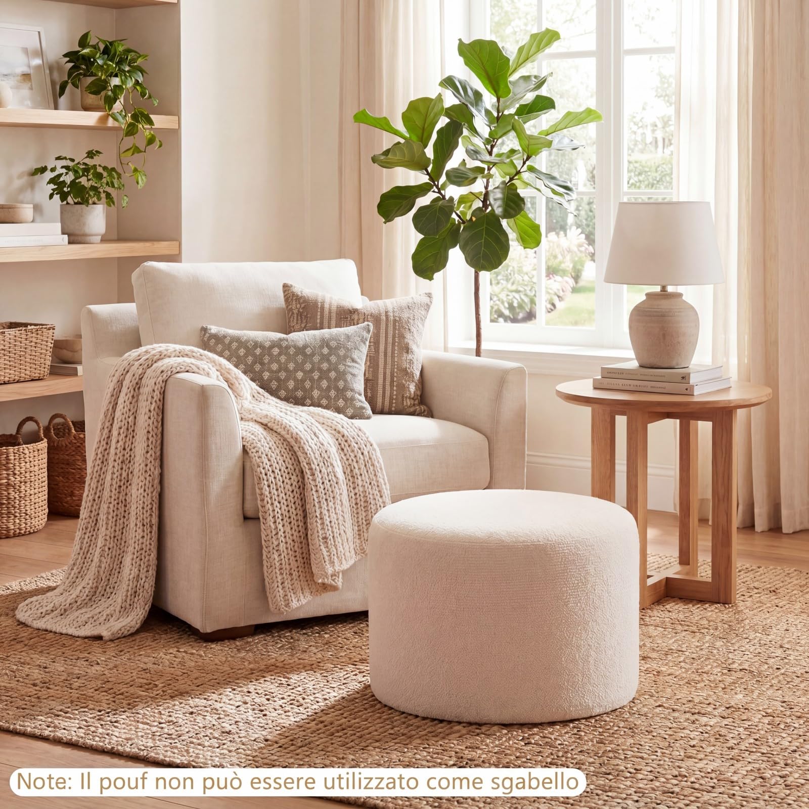 SOARS Pouf Ottomano Imbottito, Ø45 x 35 cm Poggiapiedi Rotondo con Tessuto in Filato Bouclé, Schiuma Morbida e Rivestimento Removibile, Poggiapiedi Divano per Camera da letto e Soggiorno, Beige