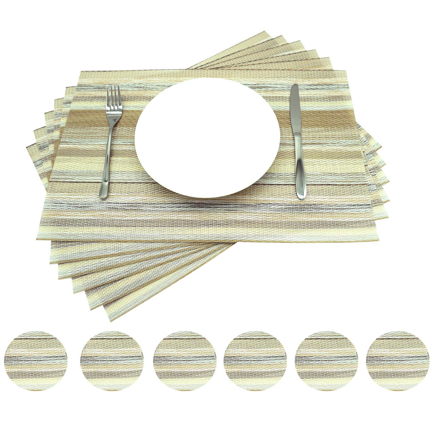 Yara Home Décor Set Of 6 Gold Green Placemat And Coaster Set Of 6 Placemats And Coaster Washable Gold Glitter Pvc Fabric Woven Large Kitchen Dining Table Dinner Place Mats, Heat Insulation 45 X 30Cm (Set Of 6 Gold Green Placemat And Coaster)