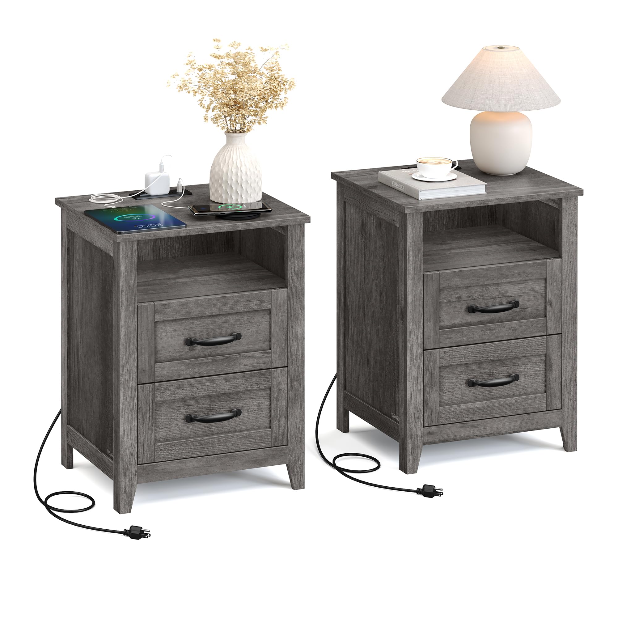 vasagle liry collection - farmhouse nightstands with charging station, set of 2 bedside tables, side tables with 2 drawers, open compartment, for bedroom, misty gray ulet869g01