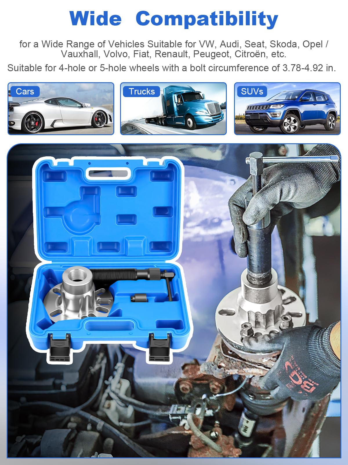 10T Hydraulischer Radnaben Abzieher Profi-Set, Universell für 4/5-Loch Felgen (96-125mm), Antriebswellen Ausdrücker mit manueller Hydraulikpumpe
