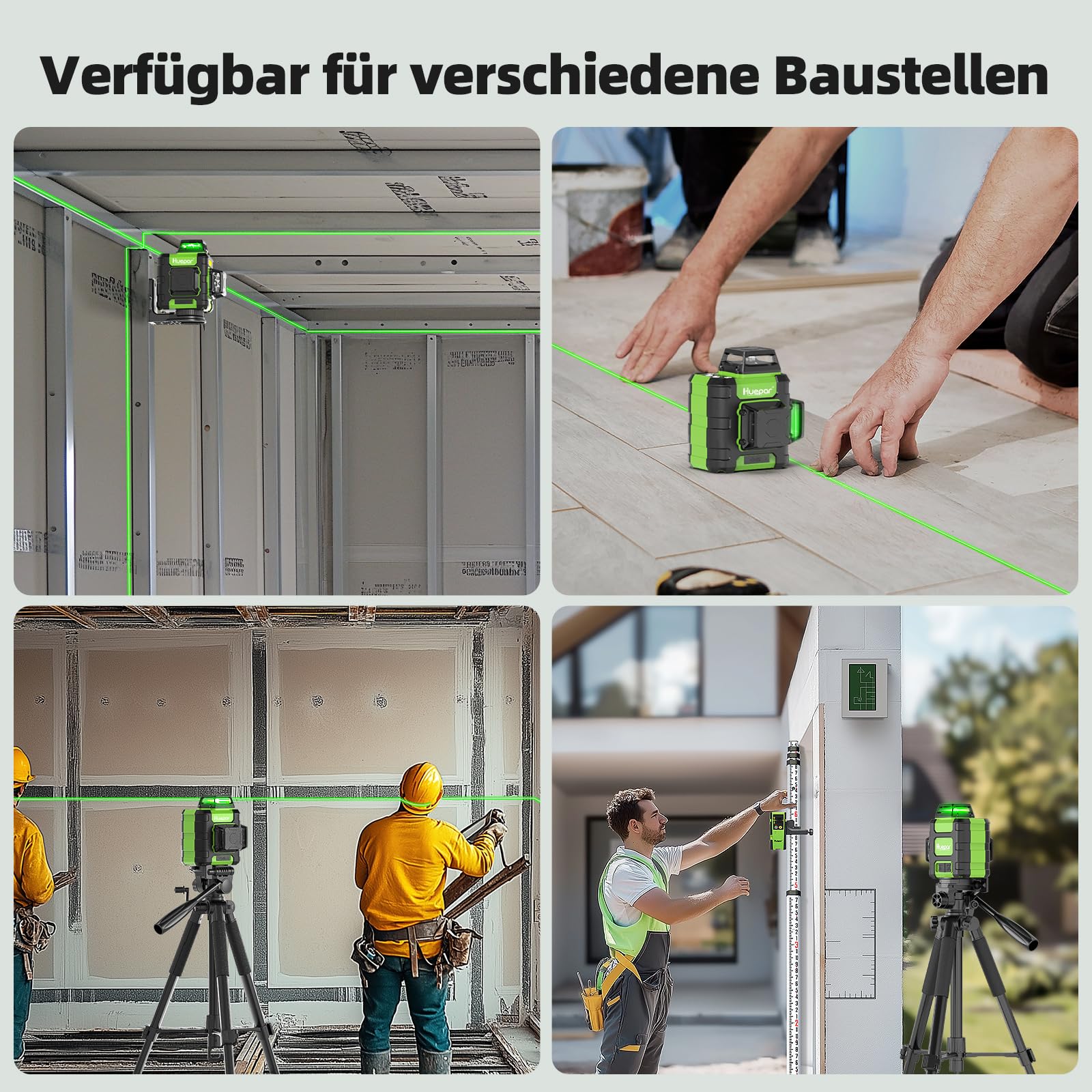 Huepar Kreuzlinienlaser 360 grün, selbstnivellierend, wiederaufladbar, Laser Wasserwaage 3x360°, 3D-Nivelliergerät für Bauarbeiten, mit starker Magnethalterung und robustem Transportkoffer – HM03CG