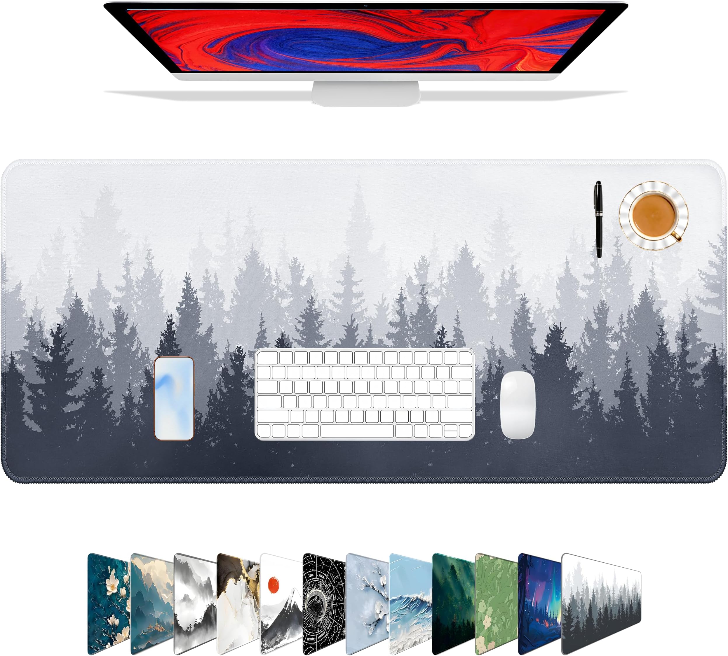Galdas Gaming Mouse Mat Forest Background Pattern XXL XL Large Mouse Mat Long Extended Mouse Pad Desk Mat Non-Slip Rubber Mice Pads Stitched Edges Thin Pad (31.5 x 11.8 x 0.12 Inches) Tree