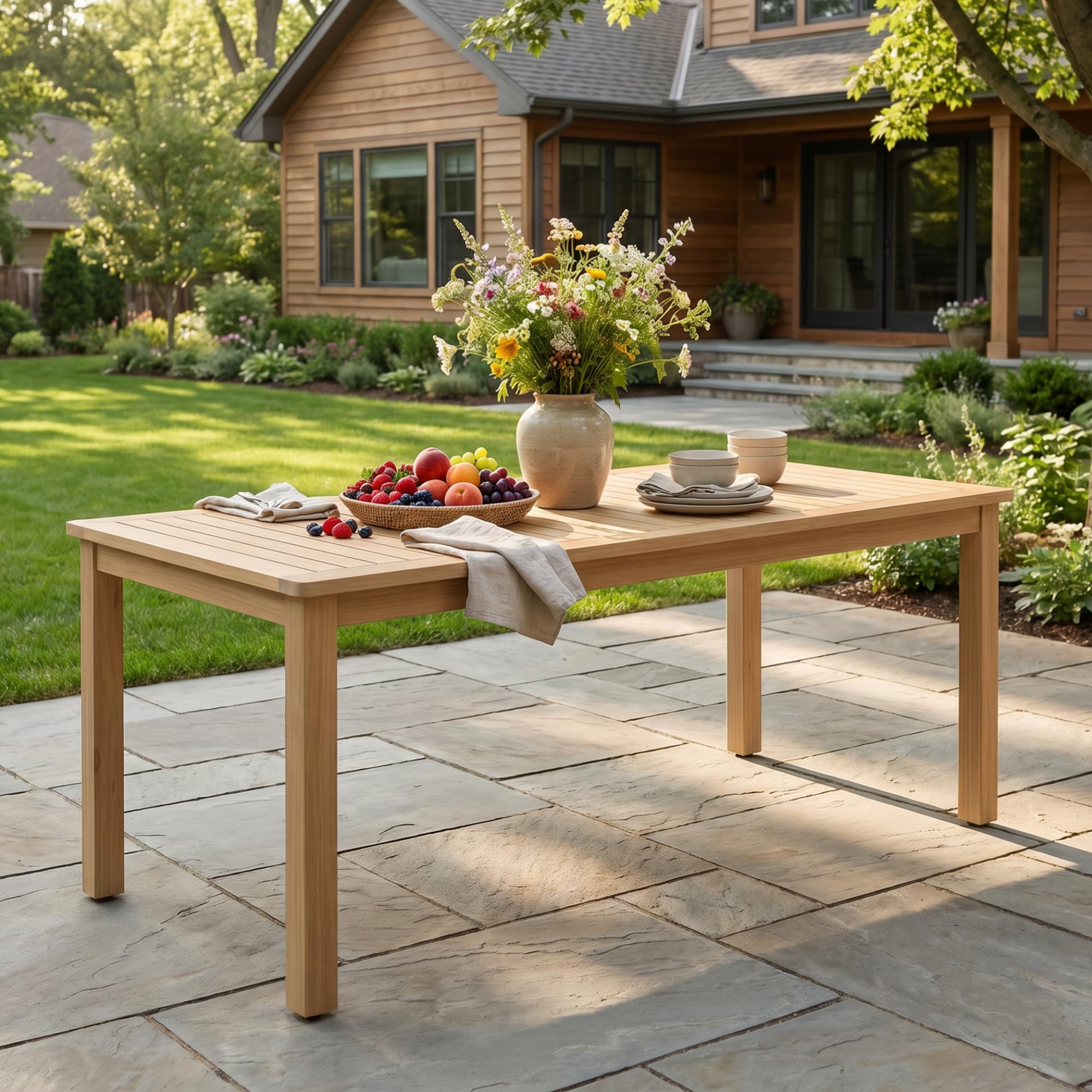acacia wood outdoor dining table patio with umbrella hole Wisteria Lane 69