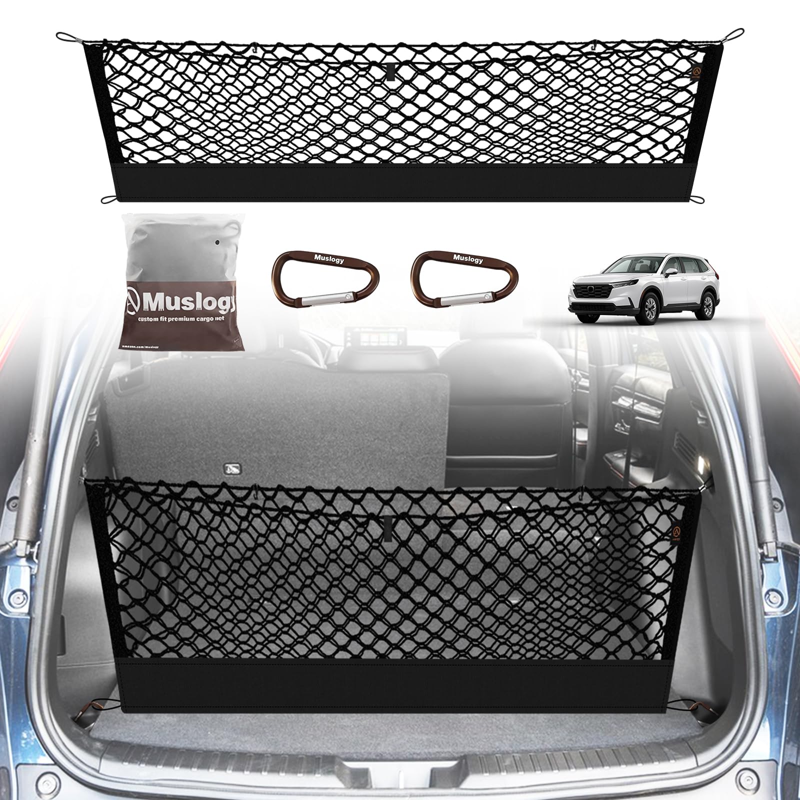 Muslogy Truck Bed Cargo Net Trunk Netting Compatible with 2023-2025 2026 Honda CR-V Accessories, Pickup Cargo Organizer SUV Sedan Storage Net w/Heavy Duty Carabiners
