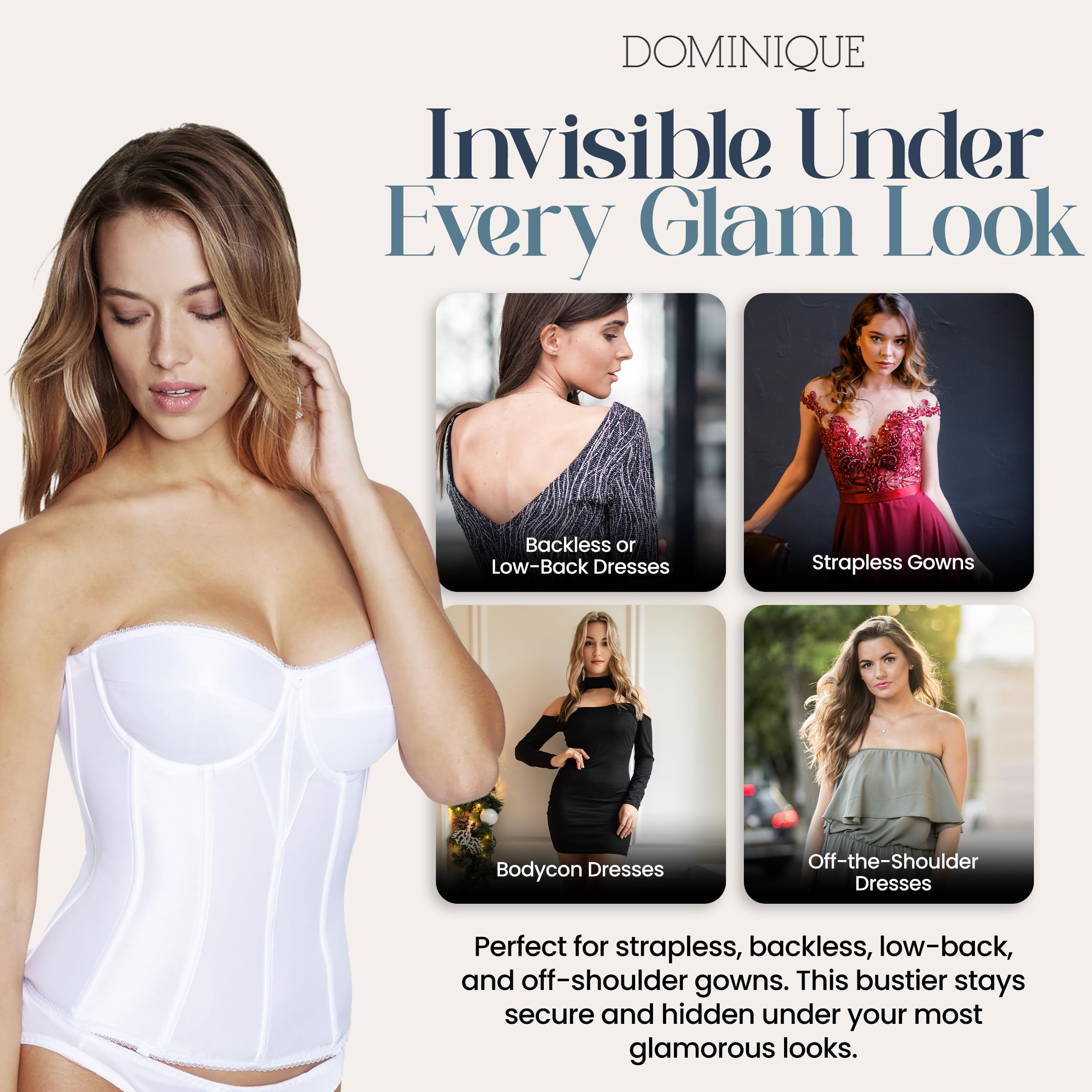 Dominique Women’s Backless Strapless Juliette Satin Longline Bustier Bridal Bra - Picture 20 of 20