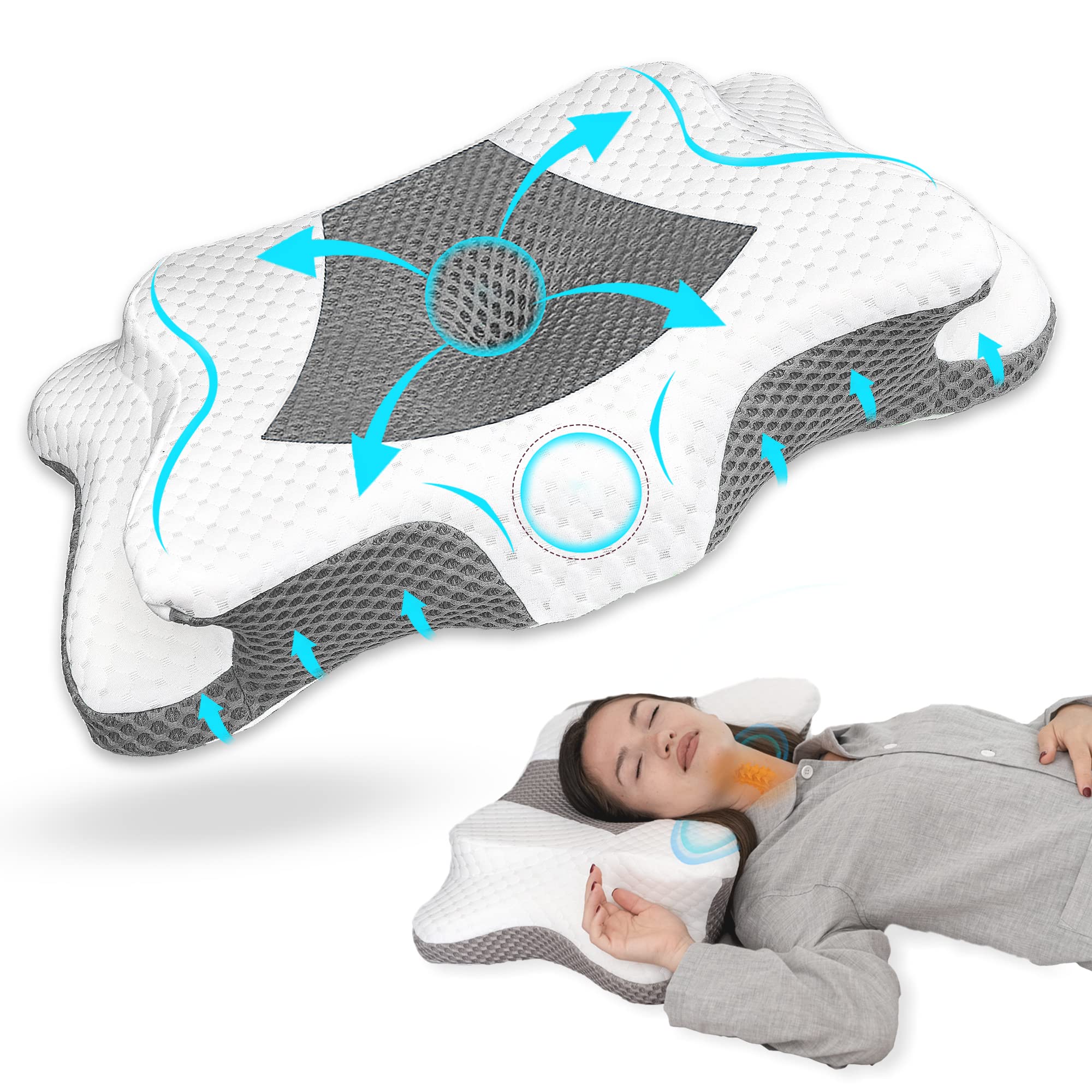 Zen Bloks - Cervical Memory Foam Pillow for Neck, Shoulder Pain Relief, Ergonomic Dual Sided Back, Side, Stomach Sleepers Orthopedic Soft/Medium Queen (24.5" x 15" x 5.4"/4.1") (Light Grey)