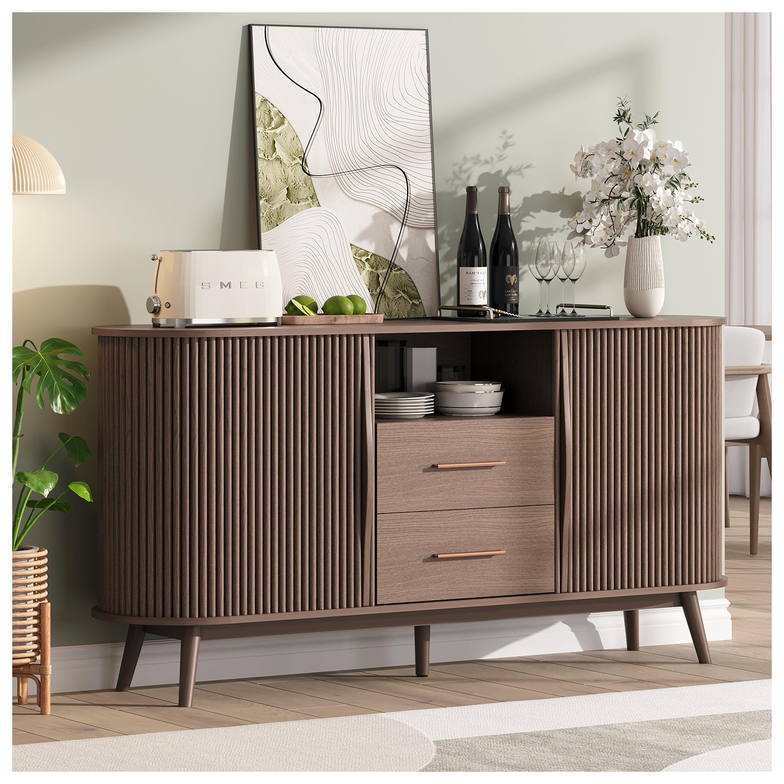 Sideboard Buffet Cabinet with Storage, Mid Century Accent Cabinet with Sliding Doors, Minimalist Media Console with Solid Wood Legs, Fluted Credenza for Living Room Entryway Kitchen, Walnut