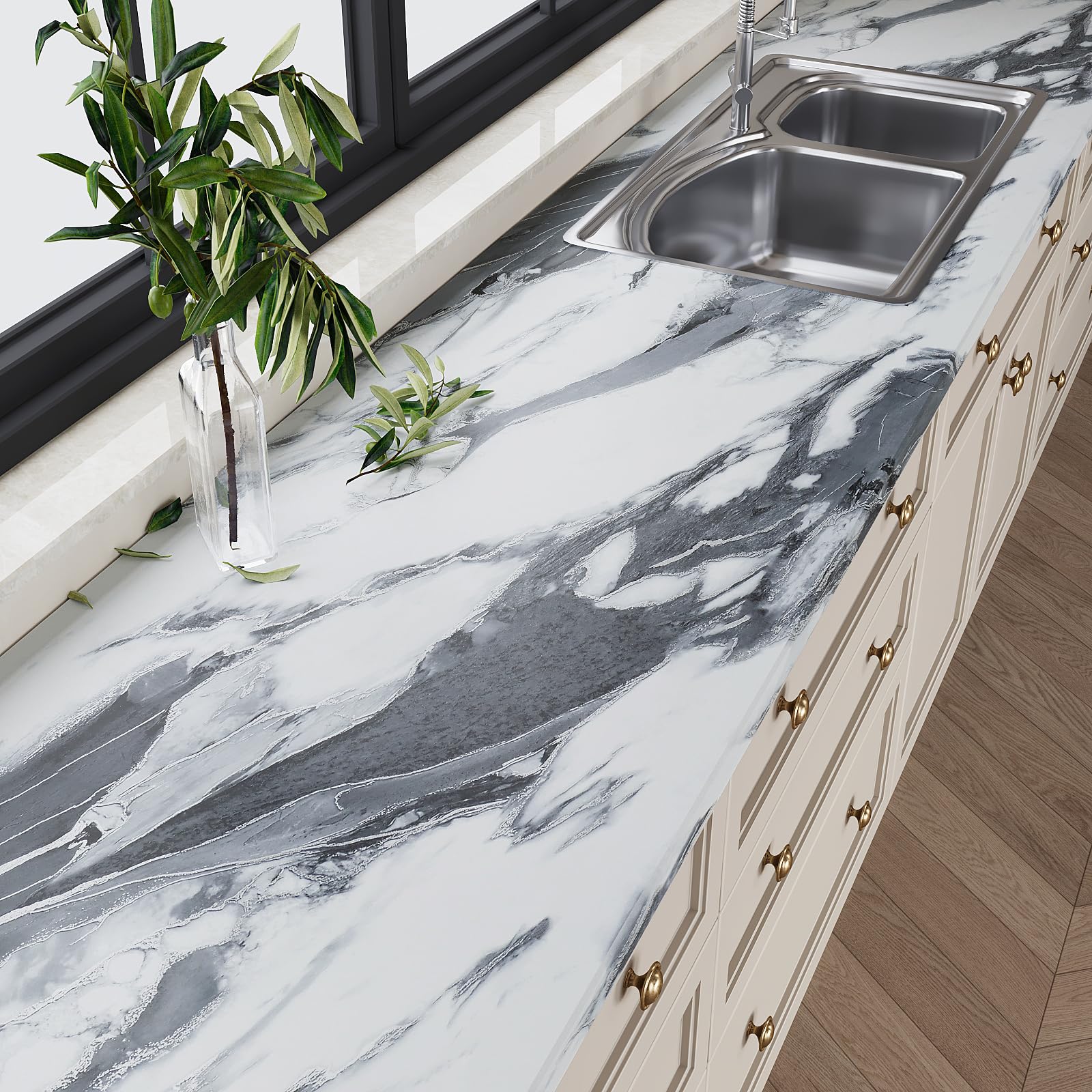 VEELIKE Papel de contacto de mármol líquido blanco y negro de 354 x 32 pulgadas de ancho, para encimeras de despegar y pegar, papel tapiz impermeable para cocina, baño, cubierta de encimera, papel