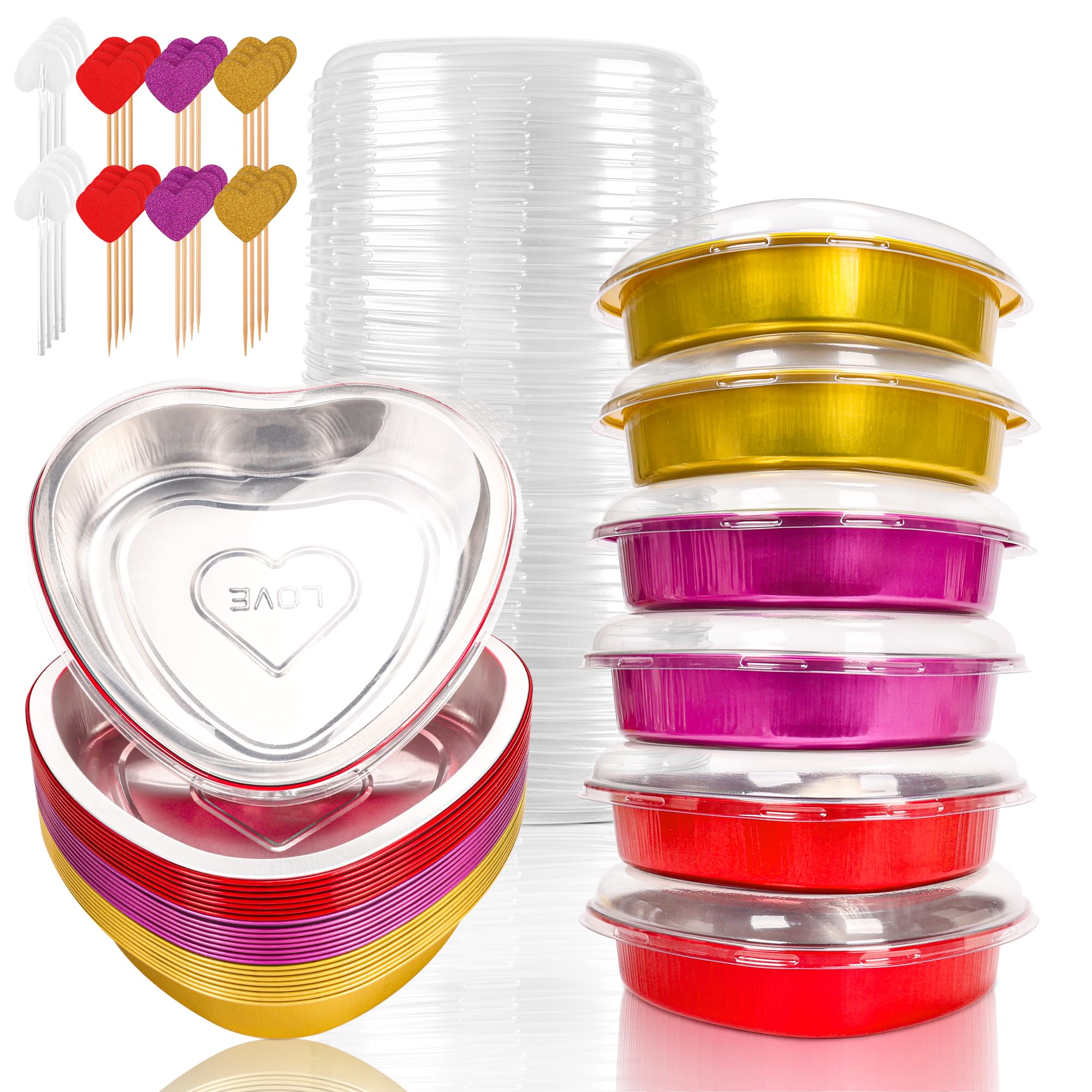 Paquete de 12 moldes para tartas en forma de corazón de 8 pulgadas con tapas, moldes desechables grandes de papel de aluminio para San Valentín y Día de la Madre, moldes de aluminio para tartas de