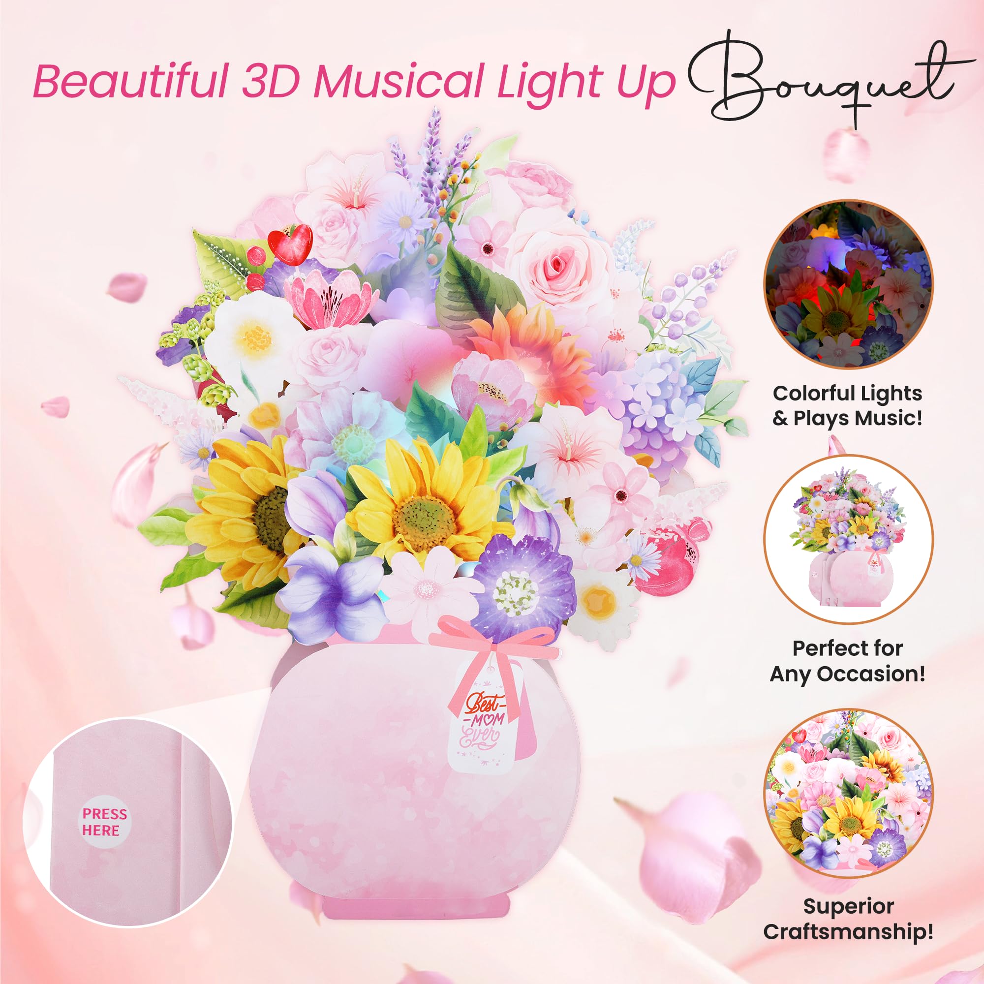 Tarjeta Emergente 3D Para El Día De La Madre, Ramo Flores Surtidas Con Luz Musical, Felicitación Floral Decorativa, Sobre Y Notas En , Perfecta Cumpleaños, Blanco