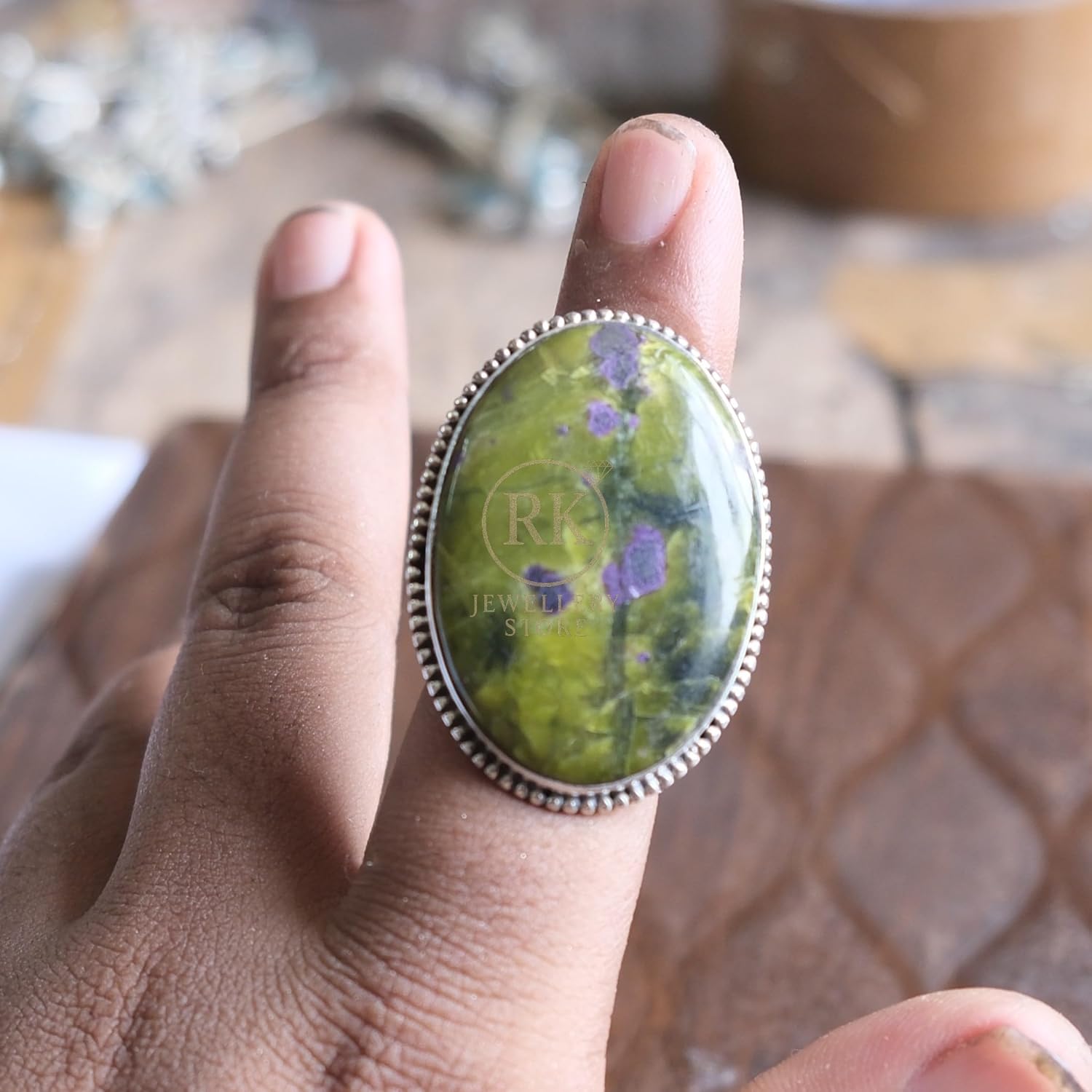 Large Green Atlantisite 925 Sterling Silver Boho Stacking Ring Stichtite Rings For Women Gift Jewelry