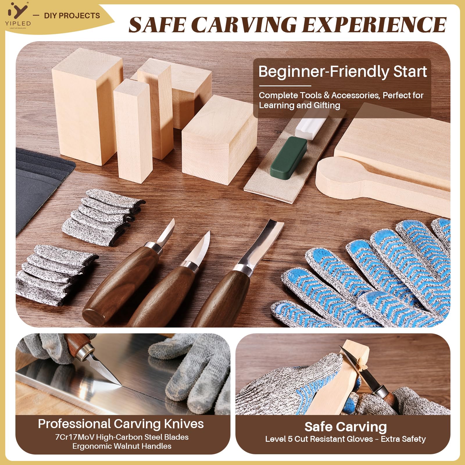 Kit de tallado de madera para principiantes, herramientas de tallado de madera con 3 cuchillos de corte, 6 bloques de tallado de tilo, guantes anticorte de grado 5, estropajo de cuero, compuesto de