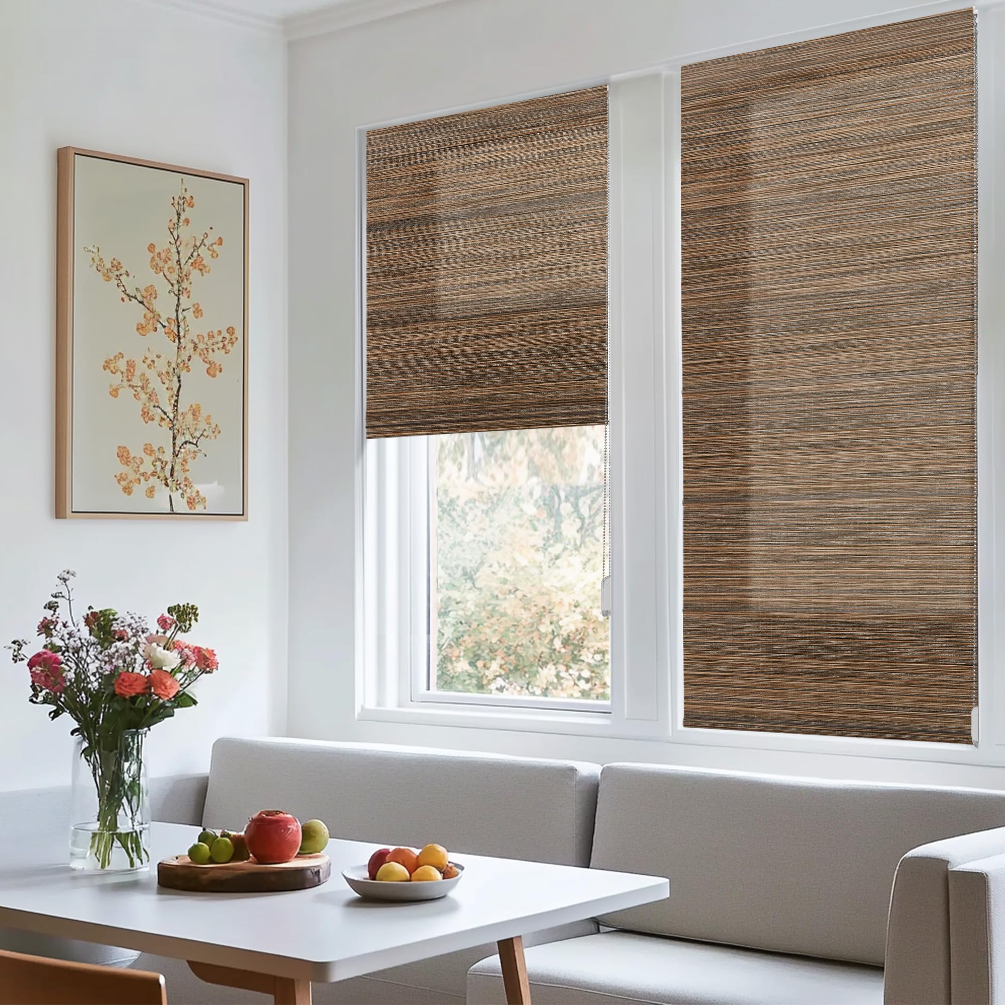 BERISSA Roman Shades for Windows, Natural Woven Light Filtering Roman Blinds for Indoor Windows, Living Room,Home Office,Woodgrain Walnut,47" W x 64"
