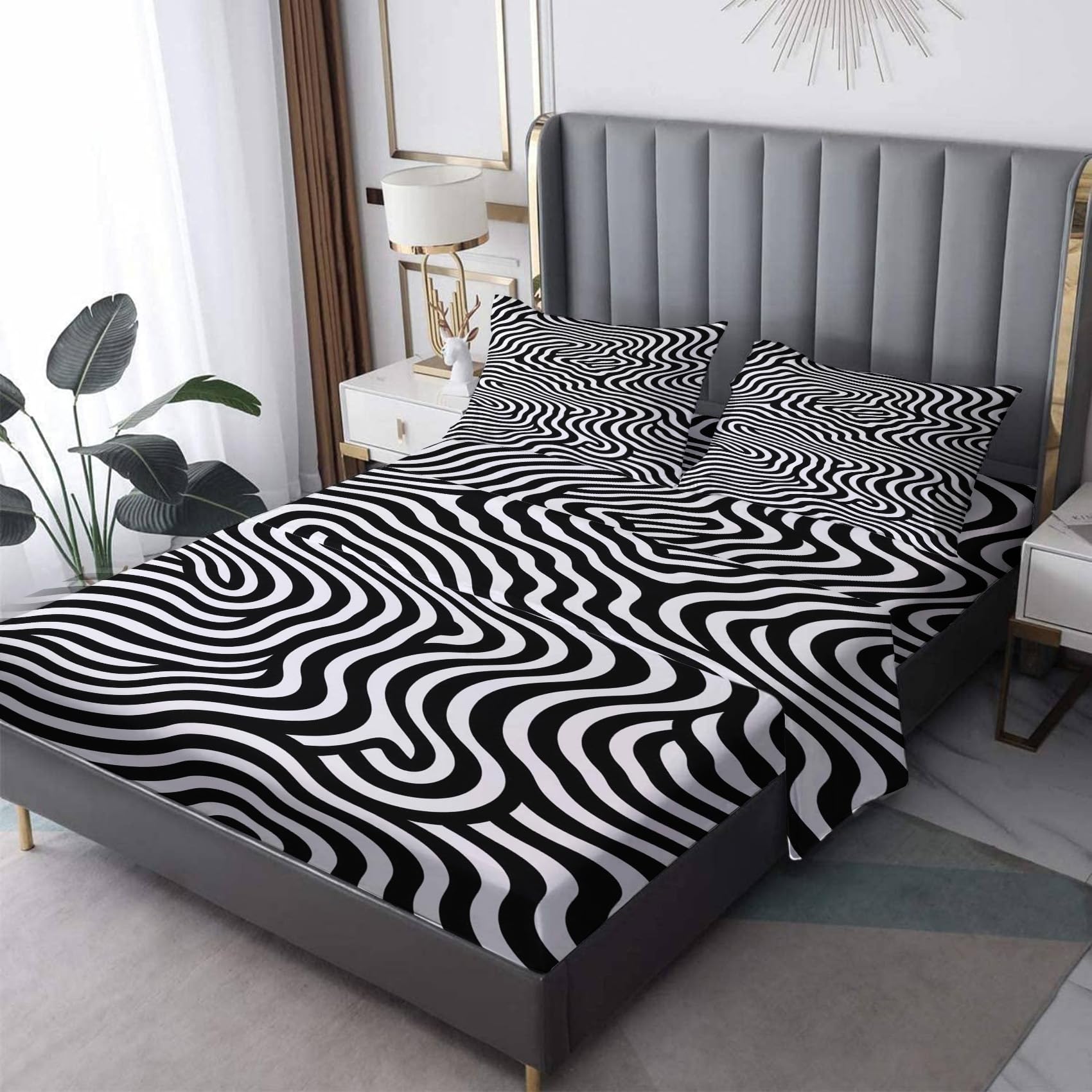 Black and White Sheets Queen Sheet Set - Optical Illusion Bed Sheets Soft Microfiber Deep Pocket Wrinkle Free