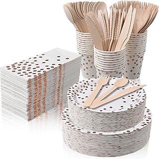 350 Pieces White and Rose Gold Paper Plates with Wooden Cutlery, Premium Disposable Dinnerware Sets Include 50 Dinner Plates, 50 Dessert Plates, 50 Cups, 50 Napkins, 50 Forks, 50 Knives and 50 Spoons