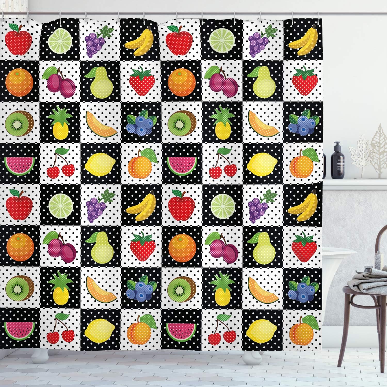 Ambesonne Black and White Shower Curtain, Kitchen Fruits and Vegetables Nature with Dots Chess Squares Art Design, Cloth Fabric Bathroom Decor Set with Hooks, 69" W x 84" L, Multicolor White Black
