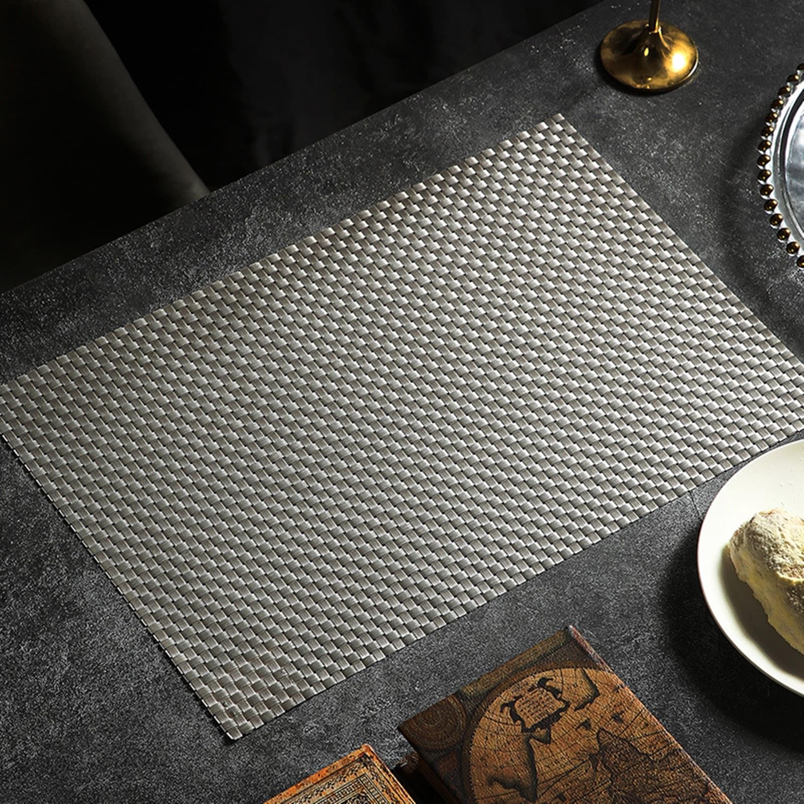 Tovagliette rettangolari in PVC, confezione da 10, colore grigio argento, tinta unita, texture moderna, tappetino da cucina 30 x 45 cm, antiscivolo