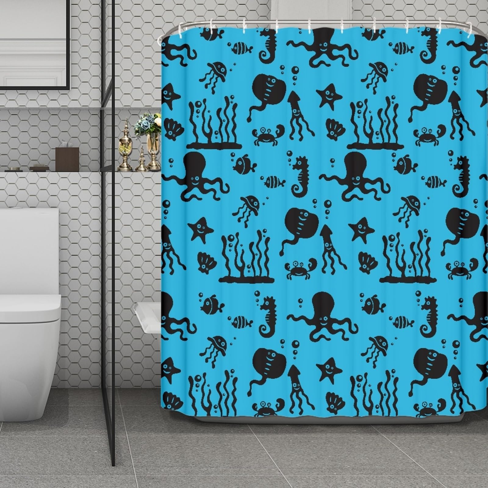 Rideau de douche 200x240 bleu et noir imperméable avec 12 crochets pour salle de bain