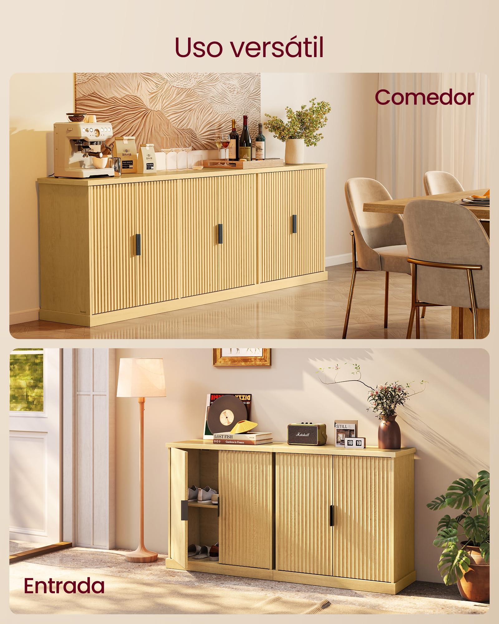 VASAGLE MAXE Colección - Aparador, Armario de Almacenamiento con Estantes Ajustables, Puertas Acanaladas, Estilo Transicional, para Cocina, Comedor, Beige Roble BBK344Y01