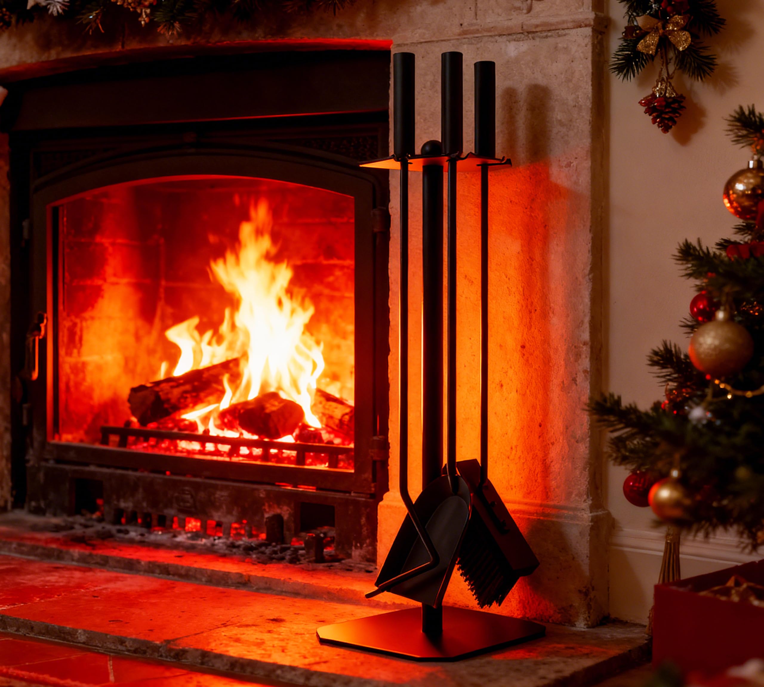 Juego de accesorios para chimenea Kingson – Juego de 3 piezas con cepillo, atizador y pala – Acero recubierto de polvo negro con detalle decorativo de bola – 57,5 cm