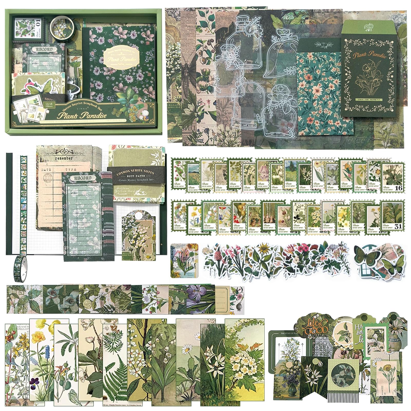 Vintage Scrapbooking Kit, 180 PCS Creative Journaling Supplies with A6 Notebook, Aesthetic DIY Craft Stationery for Bullet Junk Journal, Gift for Women and Teens (Green)