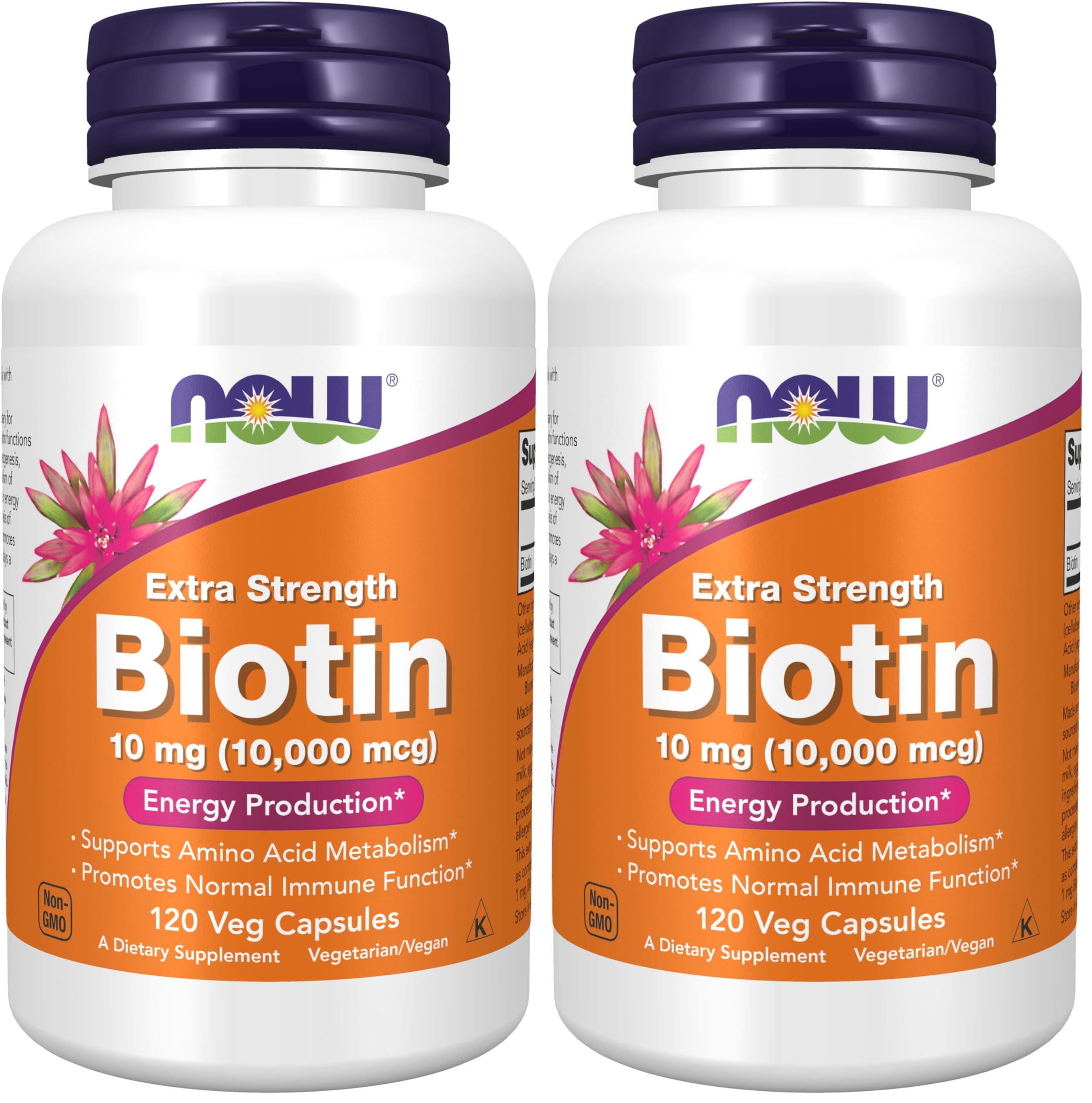 NOW Foods Supplements, Biotin 10 mg (10,000 mcg), Extra Strength, Energy Production*, 120 Veg Capsules, (Pack of 2) Unflavored 120 Count (Pack of 2)