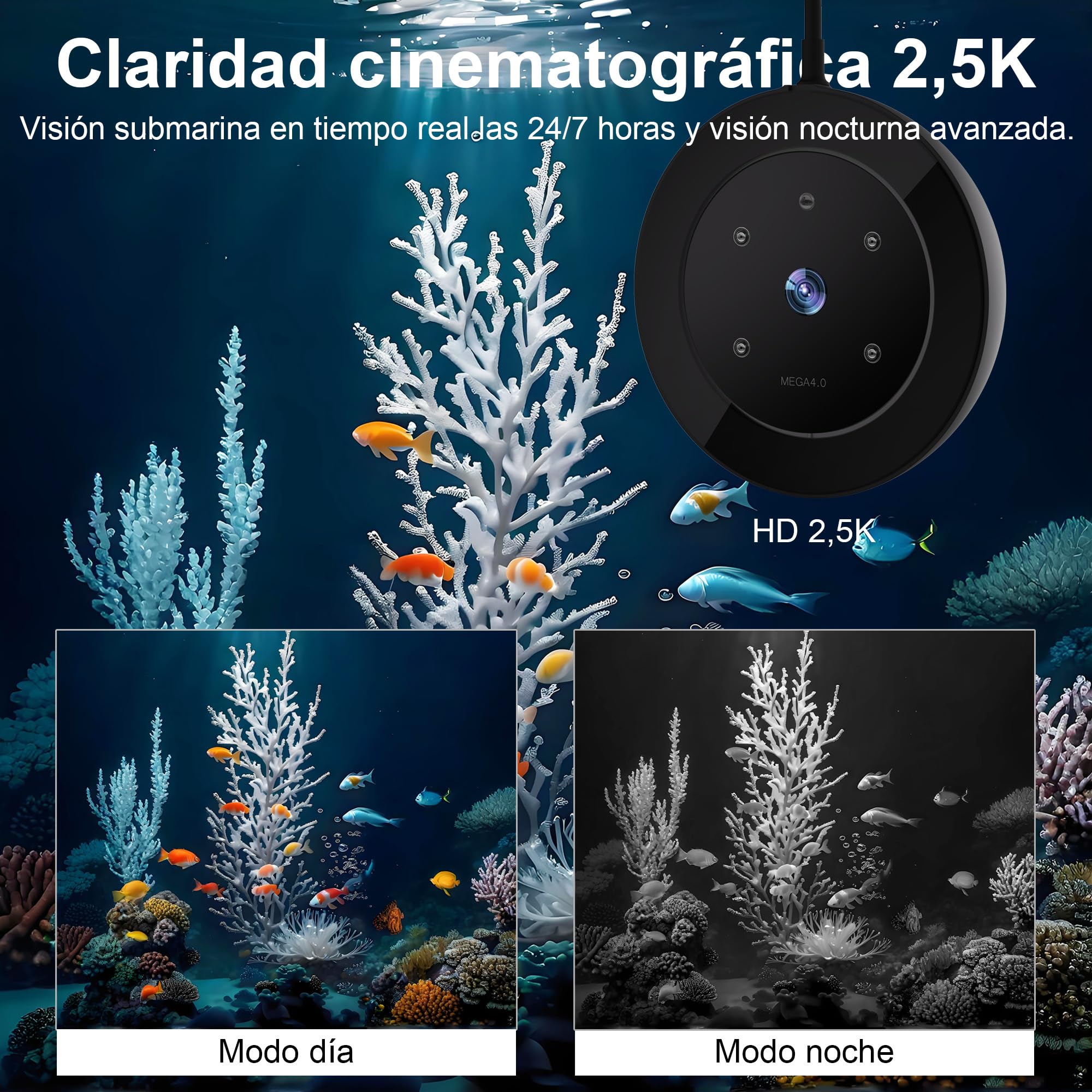 Comedero Automático Peces WiFi Smart, Cámara 2.5K, App 2.4/5G, Dosis 0,2g Cuidado Vacaciones, Depósito 230ML Anti-Vaho, Temporizador, Notificación, Acuario Marino, Agua Dulce y Tortugas