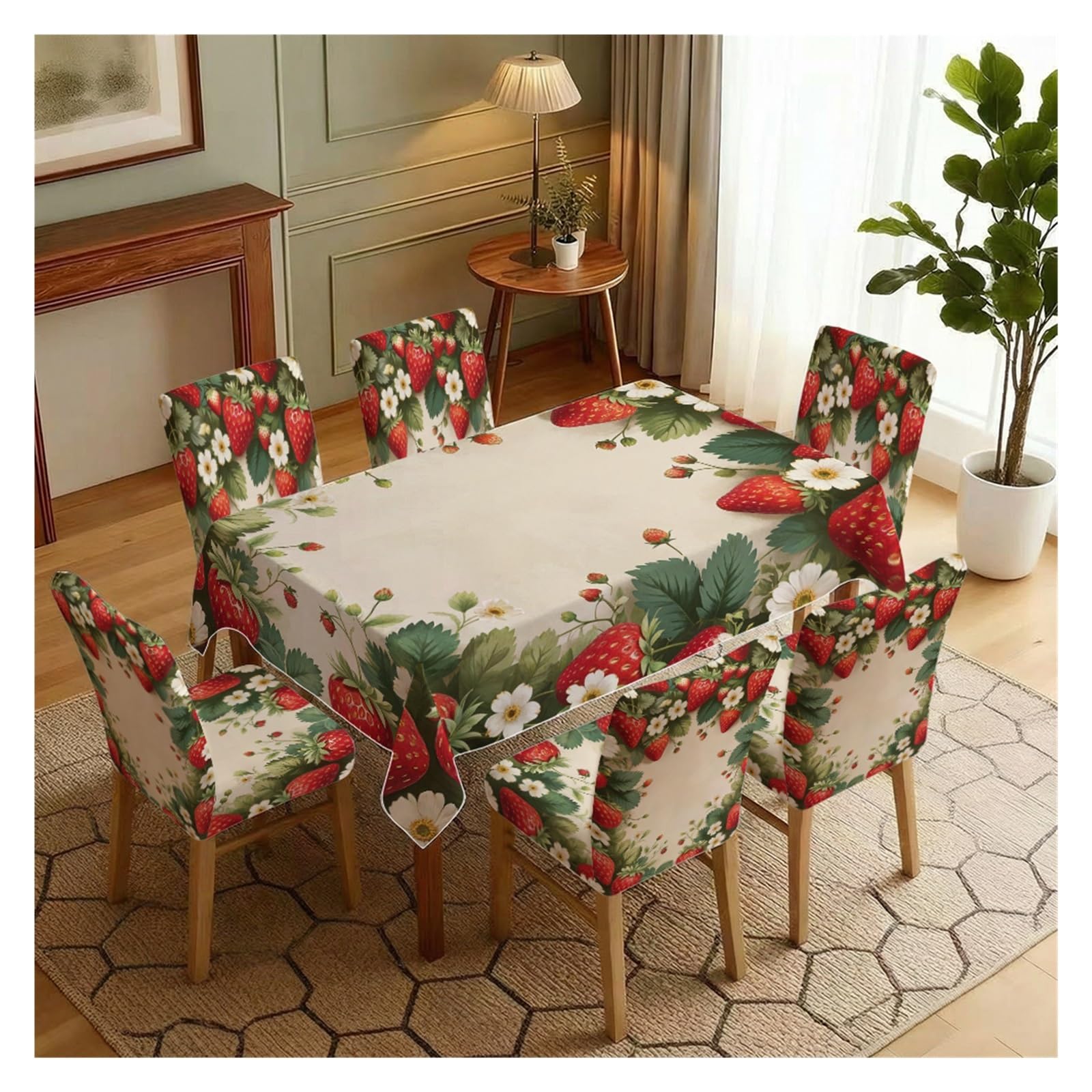 BOSUYBN Fresh Strawberry & White Daisy Floral Print Dining Tablecloth & Chair Covers Set, 5/7 Piece Sweet Summer Fruit Cottage Dining Decor Table Setting(7pcs Set: Tablecloth+Chair Covers)