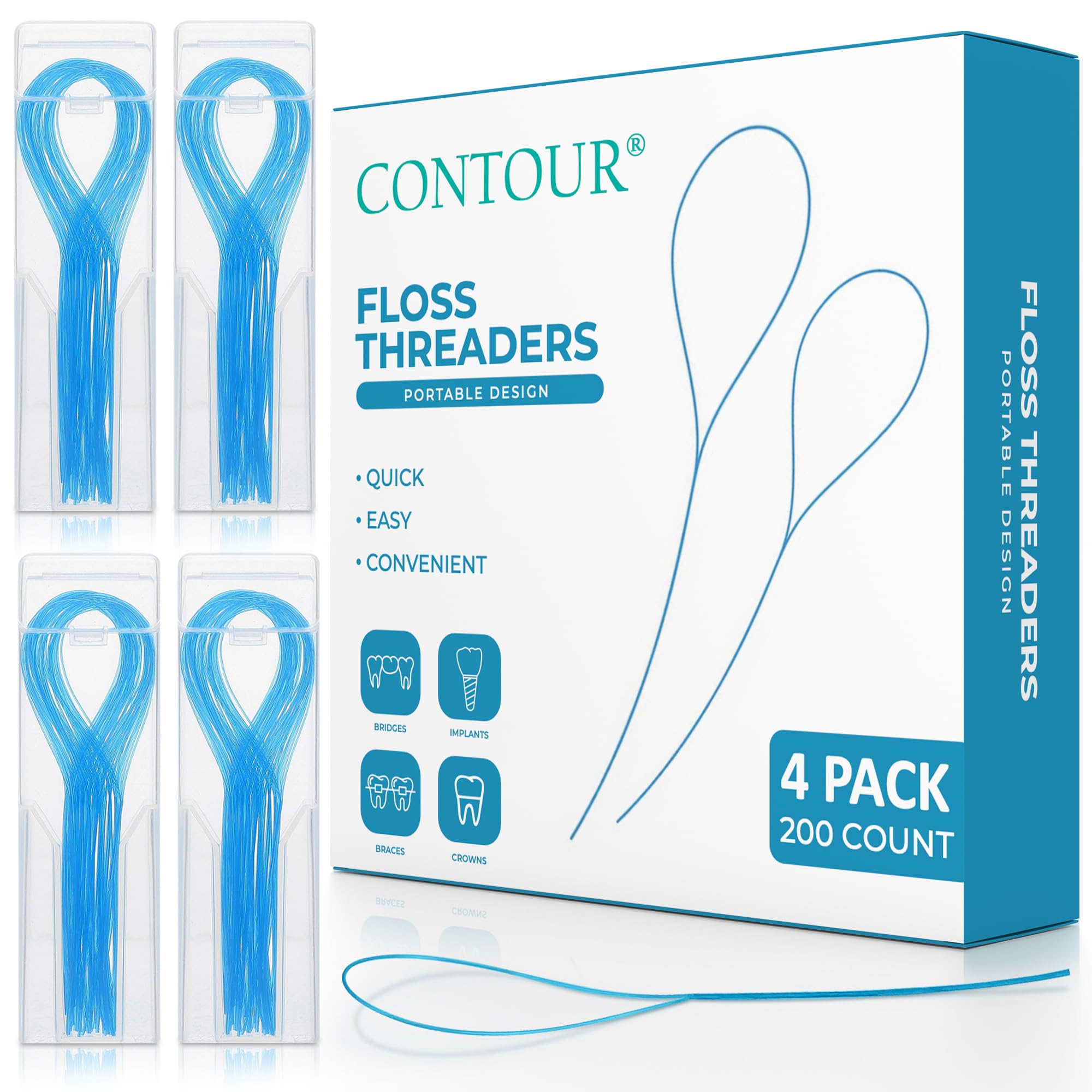 CONTOUR Dental Floss Threaders- 4 Pack - 200 Count Braces Flossers, Designed for Braces, Bridges & Implants, Quick & Easy Flossing Solution