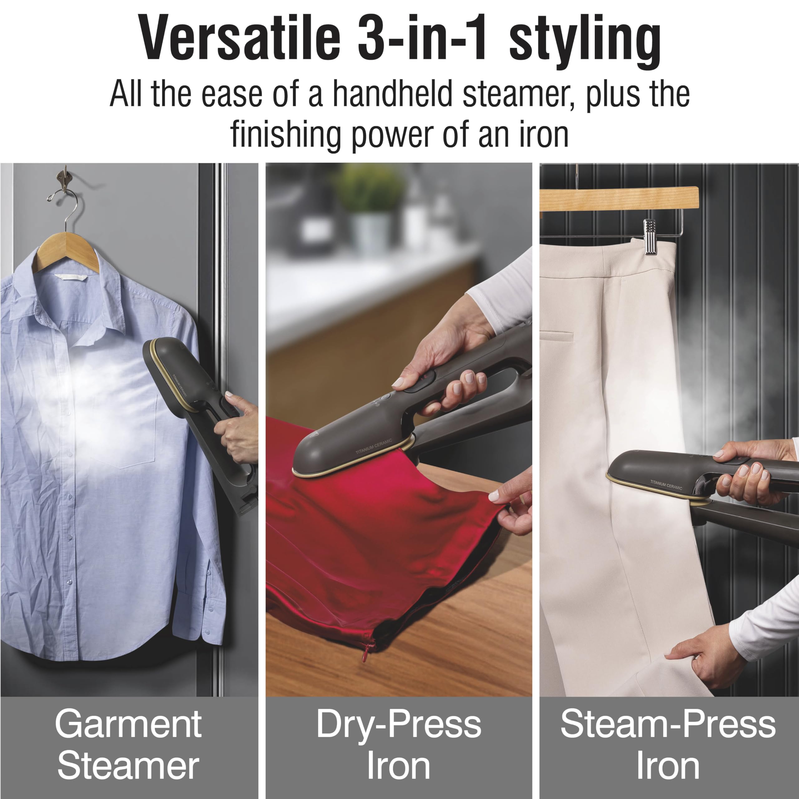 CHI SteamPress - Vaporizzatore a mano 3 in 1 e ferro a vapore di bloccaggio, non necessita di asse da stiro, serbatoio dell'acqua da 200 ml, 9 minuti di vapore, riscaldamento rapido 25 secondi, 1500
