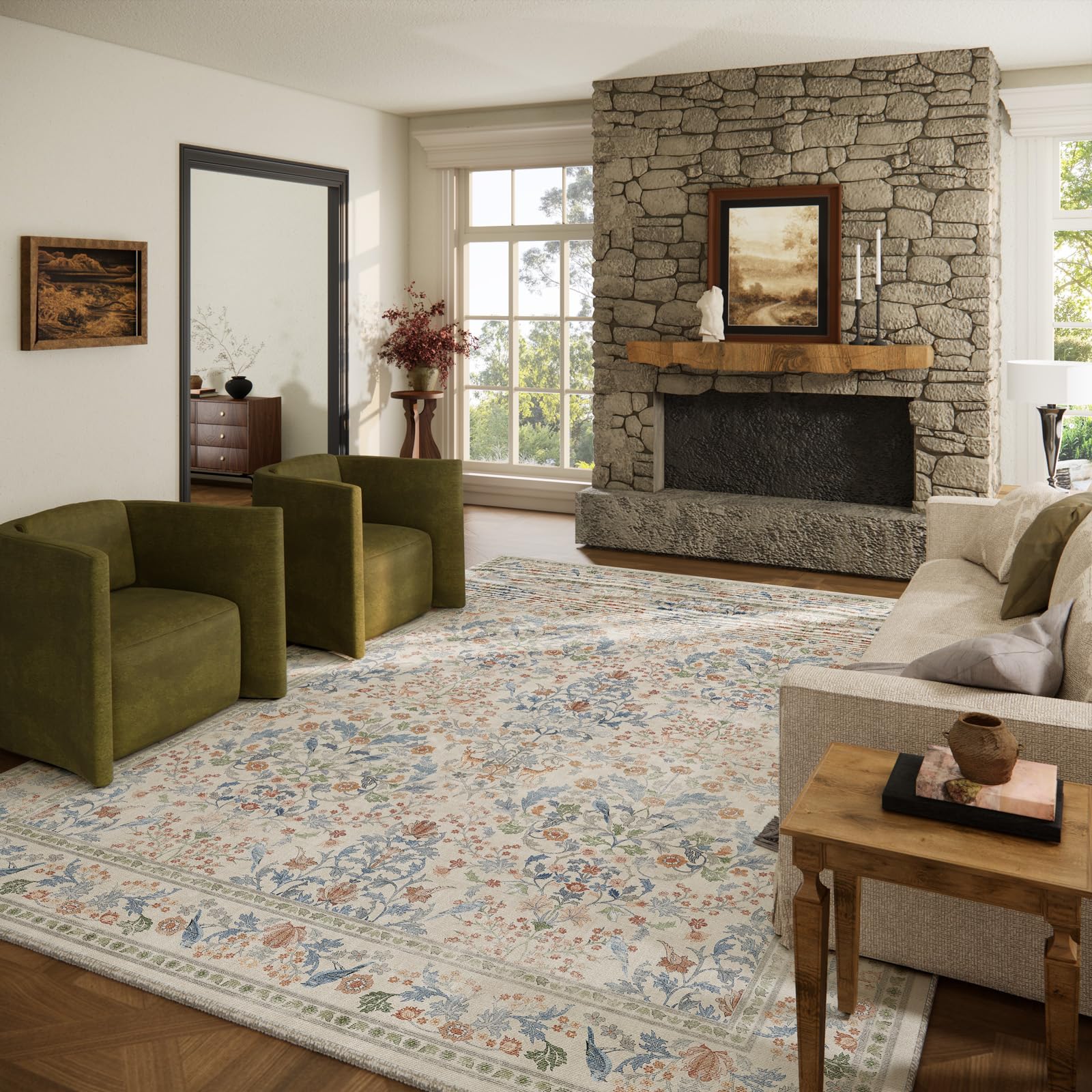 palohom Animal Floral-Blue Cream 8x10 Rug