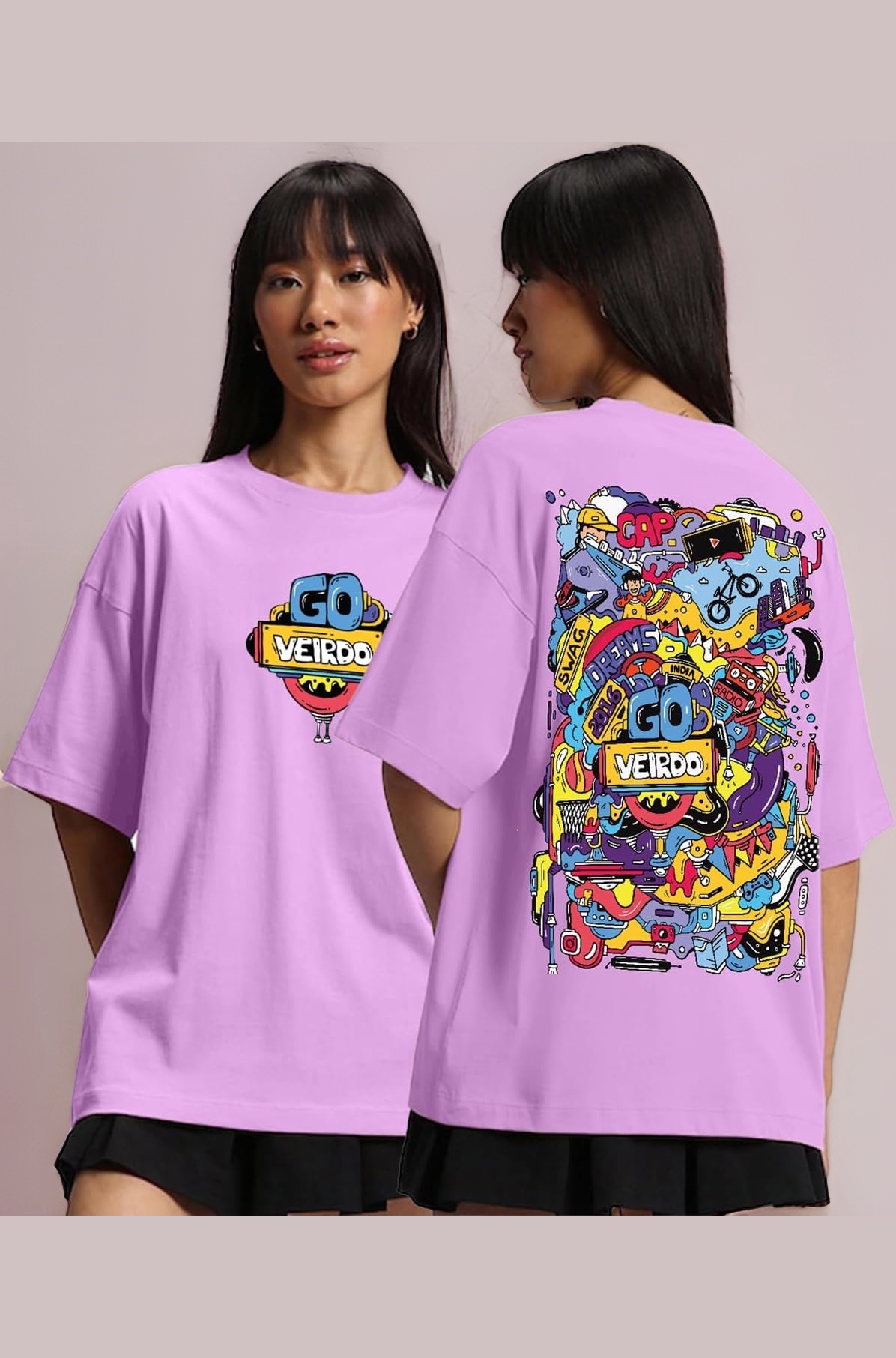 Veirdo® Pure Cotton Round Neck Oversized Baggy Fit Latest Stylish Front & Back Graphic Printed Half Sleeve Boyfriend T-Shirt for Women (Color Options- Black, Orange, Royal Blue & Lilac)