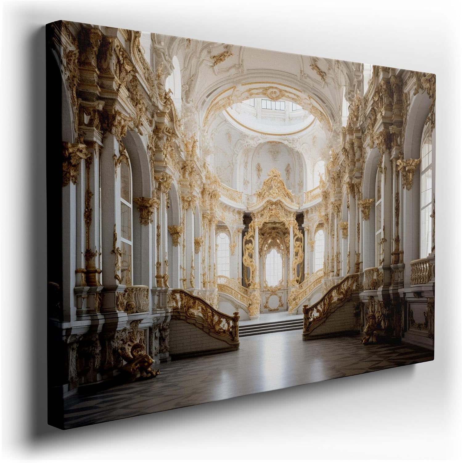Canvas for Living room. Grand Staircase Majesty Inside the Luxurious White and Gold Palace Oasis, 27 x 18 inch Canvas Wall Art - Modern Home Decor - 69x46 cm (27x18 inch)