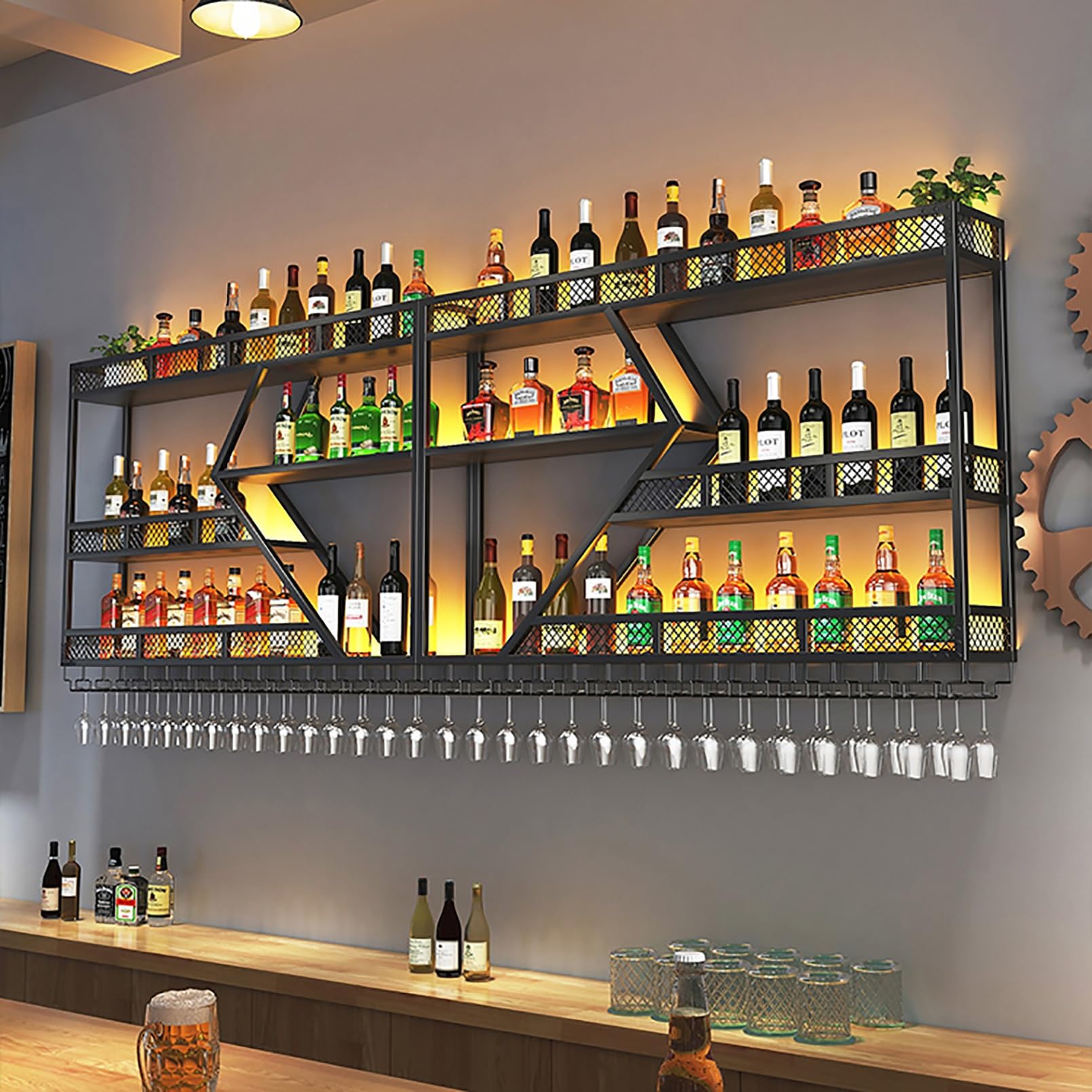 Stojak na butelki wina nowoczesny naścienny stojak na wino, regał barowy pływające półki z oświetleniem LED żelazny stojak stojak na wino, odwrócony stojak na kieliszki do wina, wielofunkcyjny