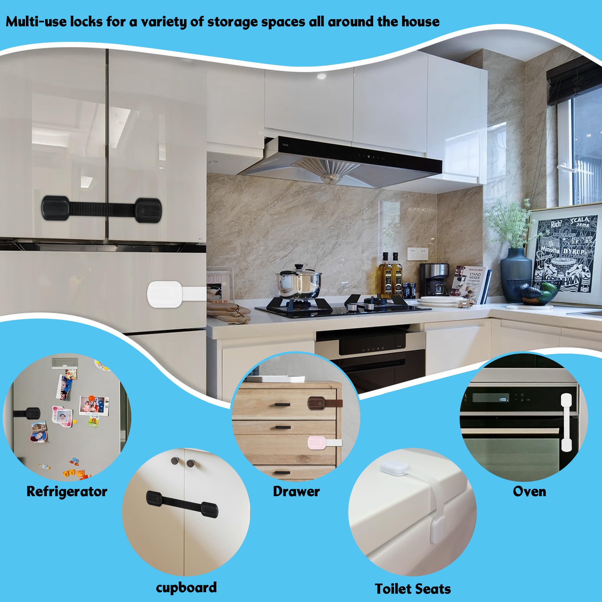 Cerraduras de seguridad para niños a prueba de bebés, seguras, rápidas y fuertes, fáciles de instalar y usar para muebles, cocina, asiento de inodoro, horno y muchos otros usos. (B - Negro, 6 piezas
