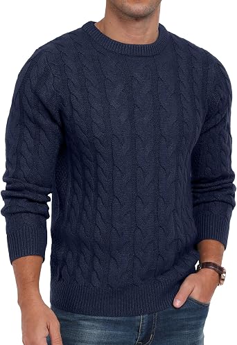 Askdeer Mens Pullover Sweater Cable Knit Chunky Sweater Classic Casual Crewneck Sweaters with Ribbing Edge