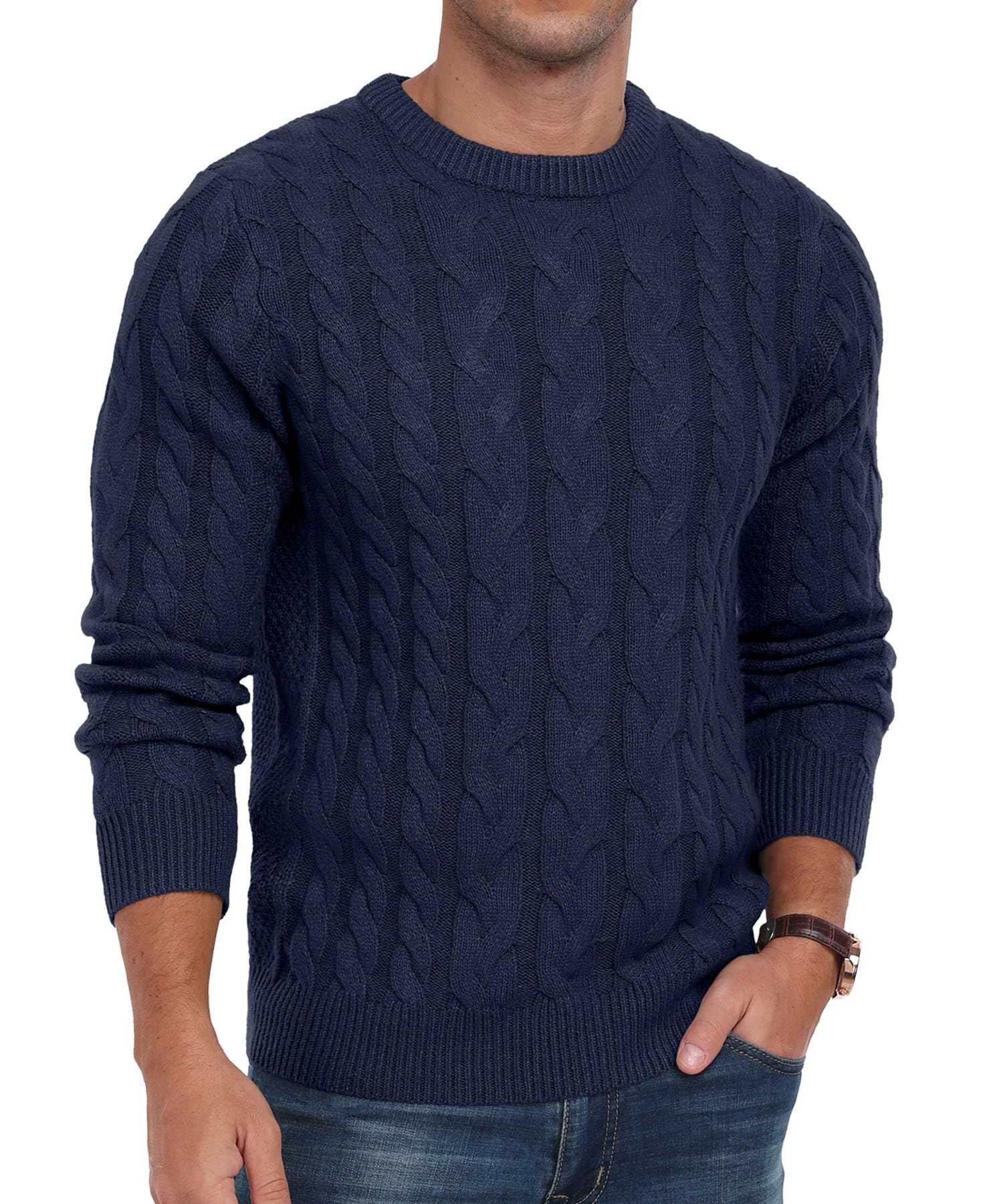 QIXING Jersey de punto trenzado para hombre, cuello redondo, casual, manga larga, suéter de punto grueso con borde acanalado