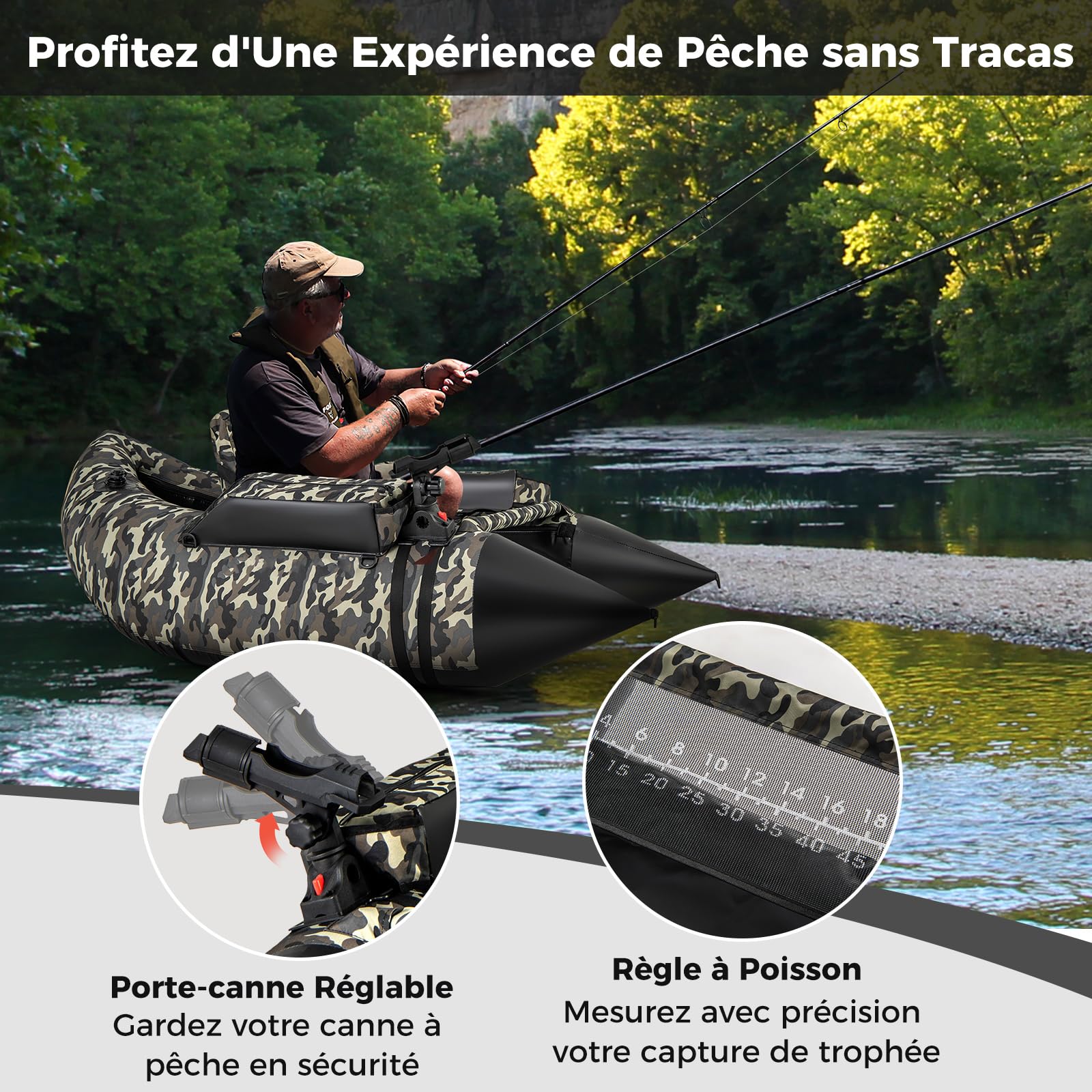 COSTWAY Bateau de Pêche Gonflable avec Dossier Pagaie, Bateau Gonflable avec Règle à Poisson Support de Canne Poches de Rangement Palmes Pompe Sangles de Sac à Dos Charge 150 KG, Camouflage