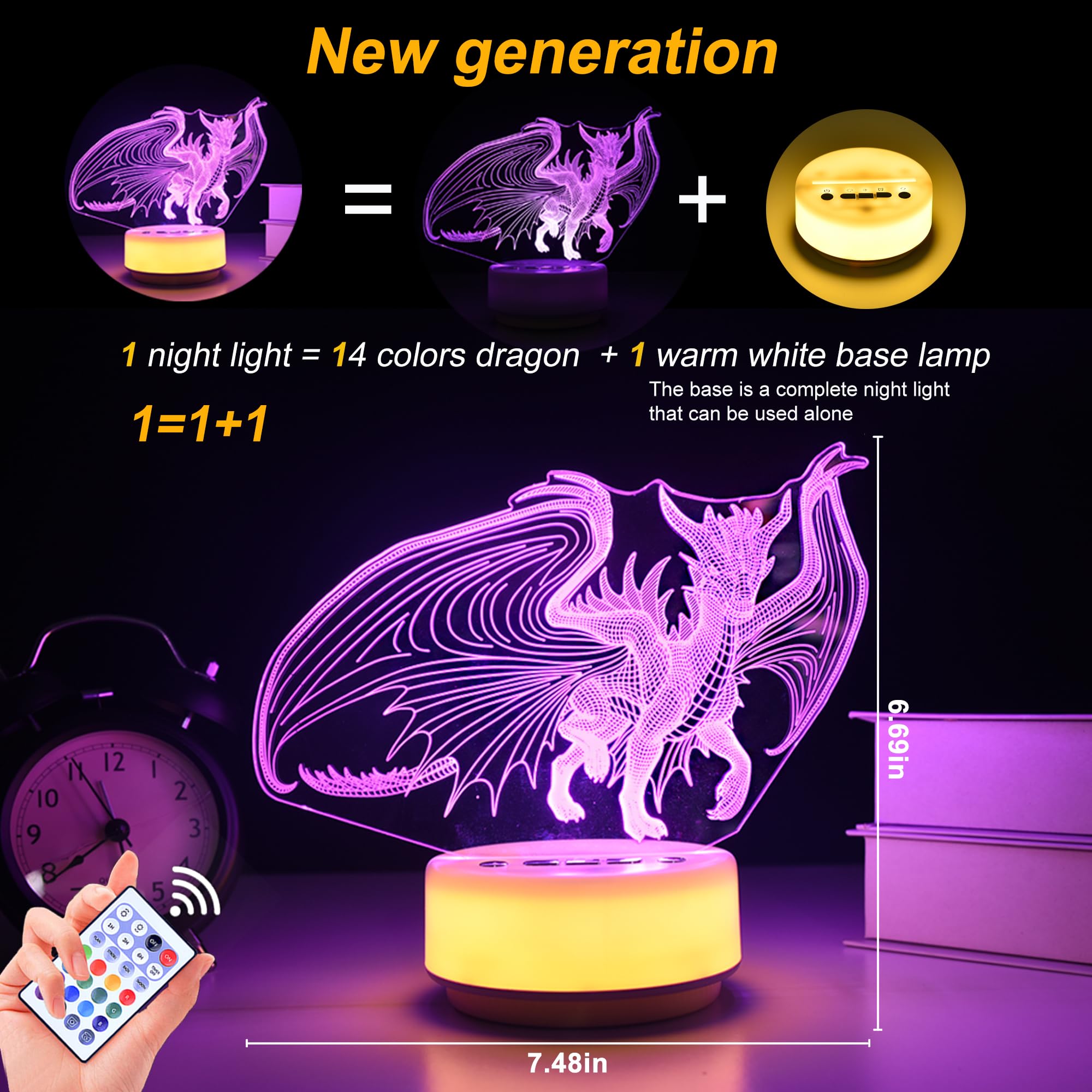 Veilleuse dragon pour garçons, cadeau dragon 14 couleurs + lumière de chevet LED blanc chaud, entité et télécommande/minuterie, jouets dragons, cadeaux d'anniversaire pour enfants et filles