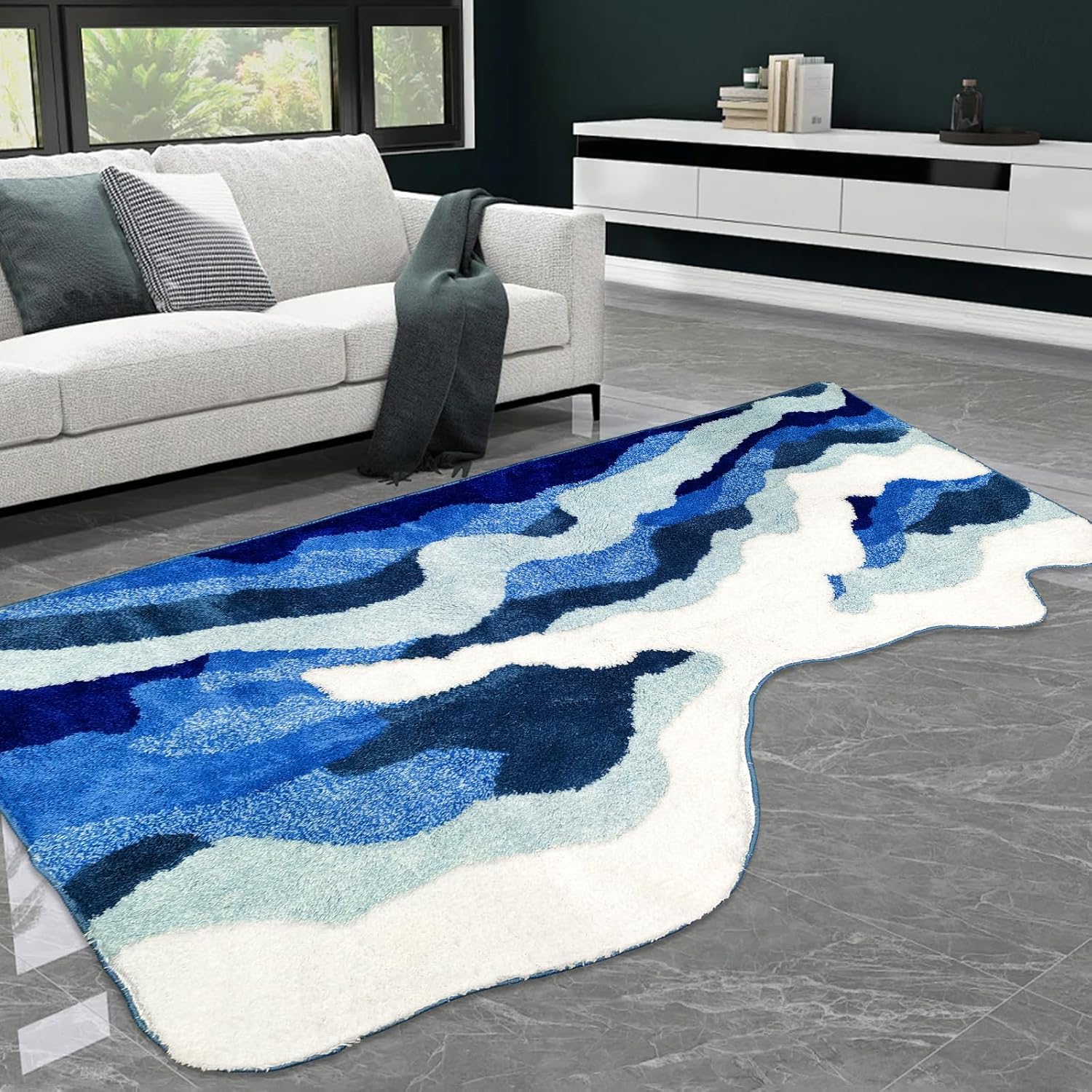 Wavy Bathroom Rug - Ocean Blue 3D Microfiber Carpet with Non-Slip Backing (71"x48") 4' x 5'11" (Wave shape)