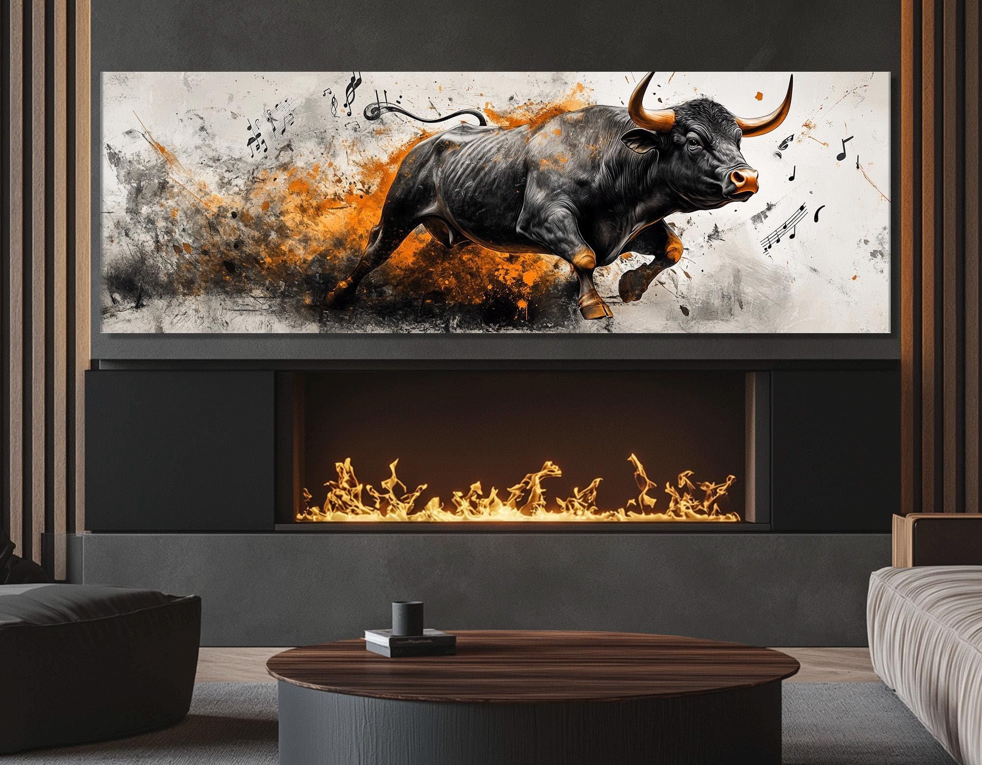 CAOXTART Dipinto astratto di un toro che carica, stampa di poster musicali, tela con note musicali, per soggiorno, decorazione murale per la casa (40x120 cm/cornice interna)