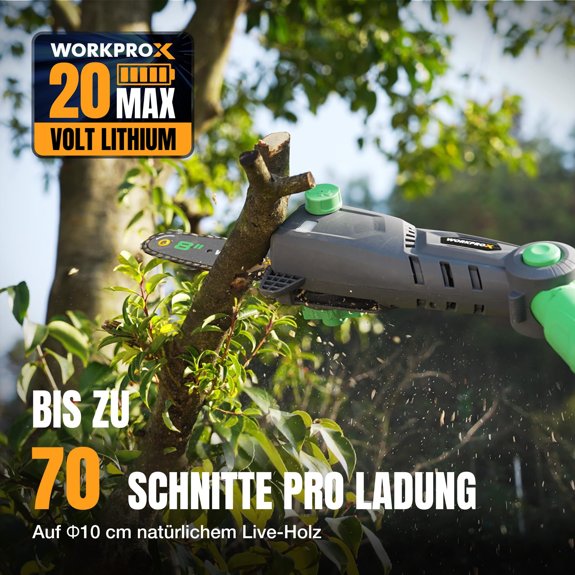 WORKPROX Hochentaster 20V, Akku-Astkettensäge, Leistungsstarke Teleskop Astsäge, PD Schnellladung, Automatische Kettenschmierun, für Baumschneiden