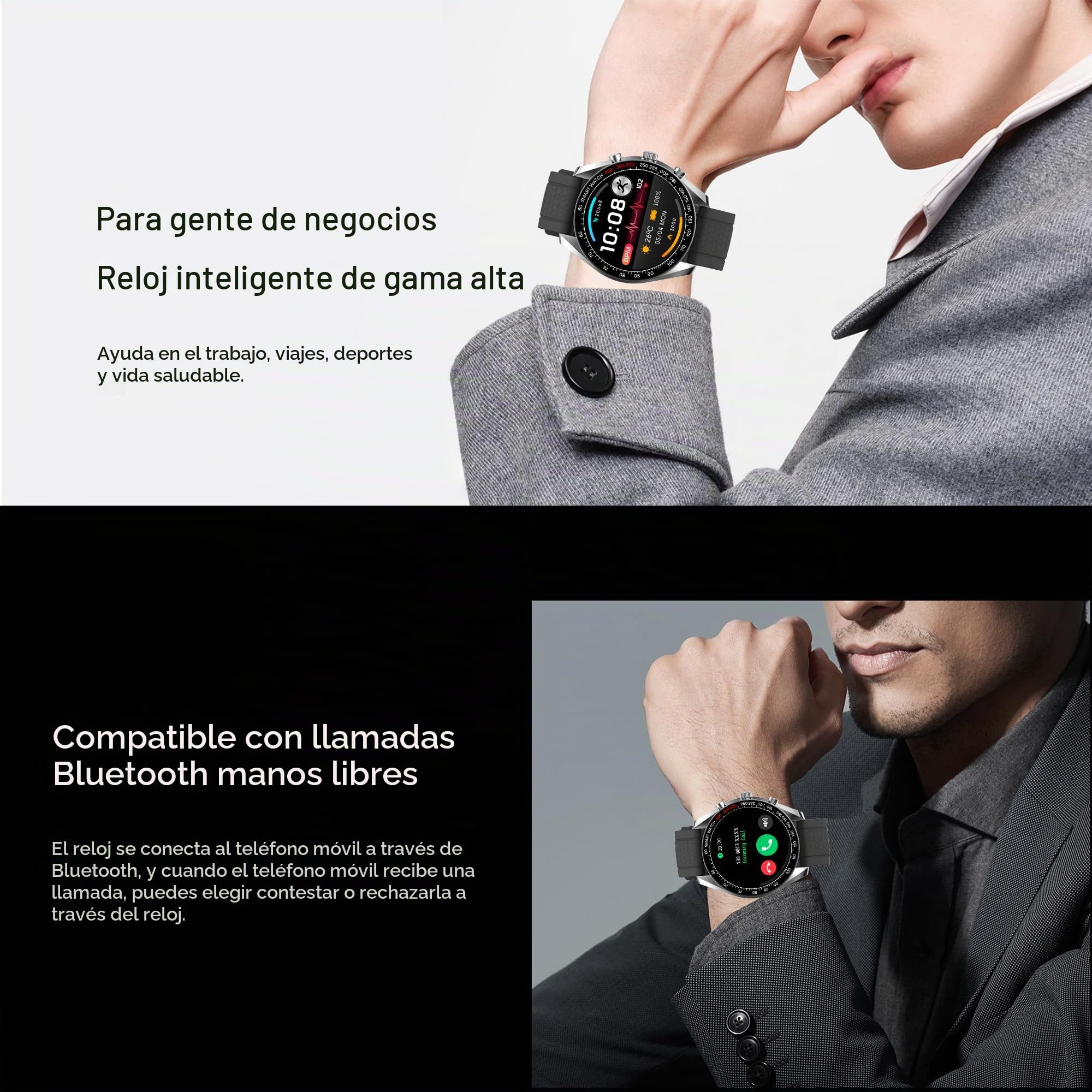 Reloj Inteligente Hombre con Llamada y Whatsapp, 1,39" AMOLED 5ATM Impermeable Reloj Smartwatch 123 Deportivo Hombre con Oxígeno Sanguíneo, Monitor Sueño, Podómetro, Pulsómetro Android iOS (Plata)