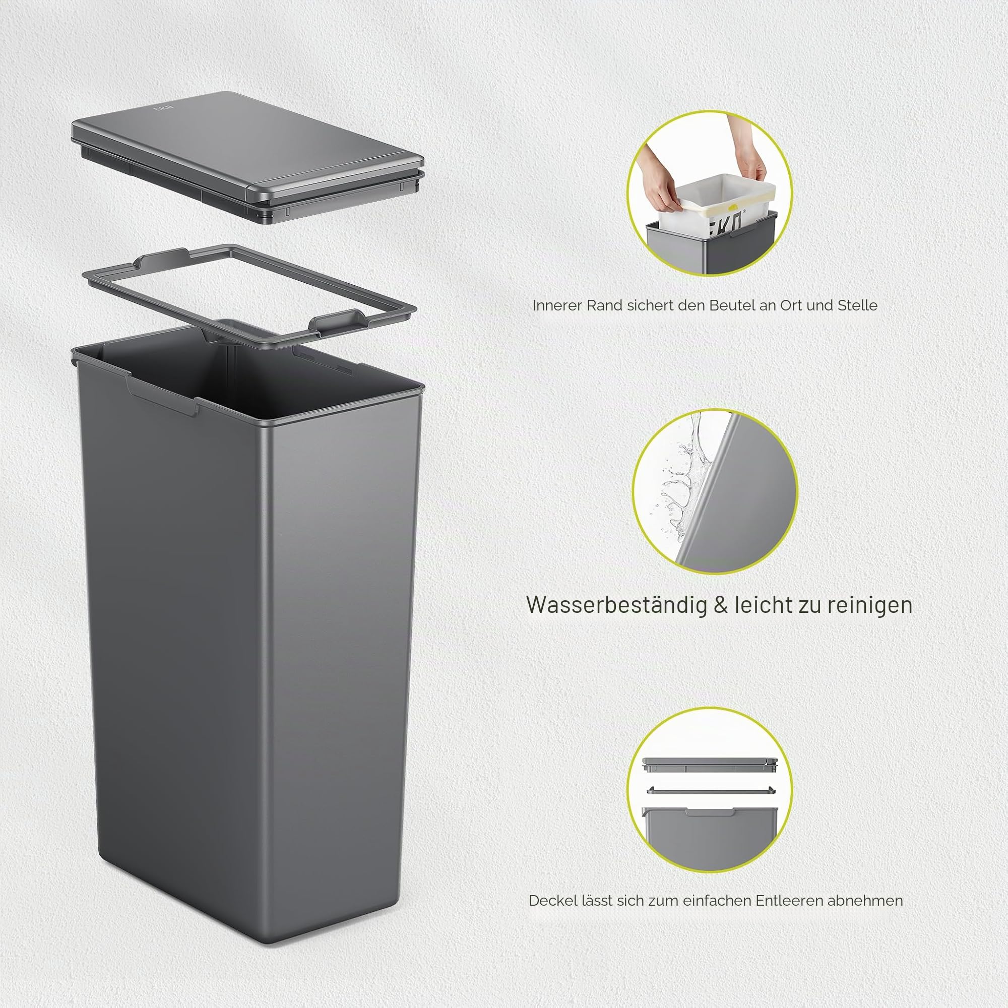 EKO Morandi 30L Küchen-Recycling-Mülleimer mit Touch-Top-Deckel, schlanker Kunststoff-Mülleimer mit Recycling-Aufklebern und leicht zu reinigender Oberfläche, kompaktes Design für Zuhause oder Büro