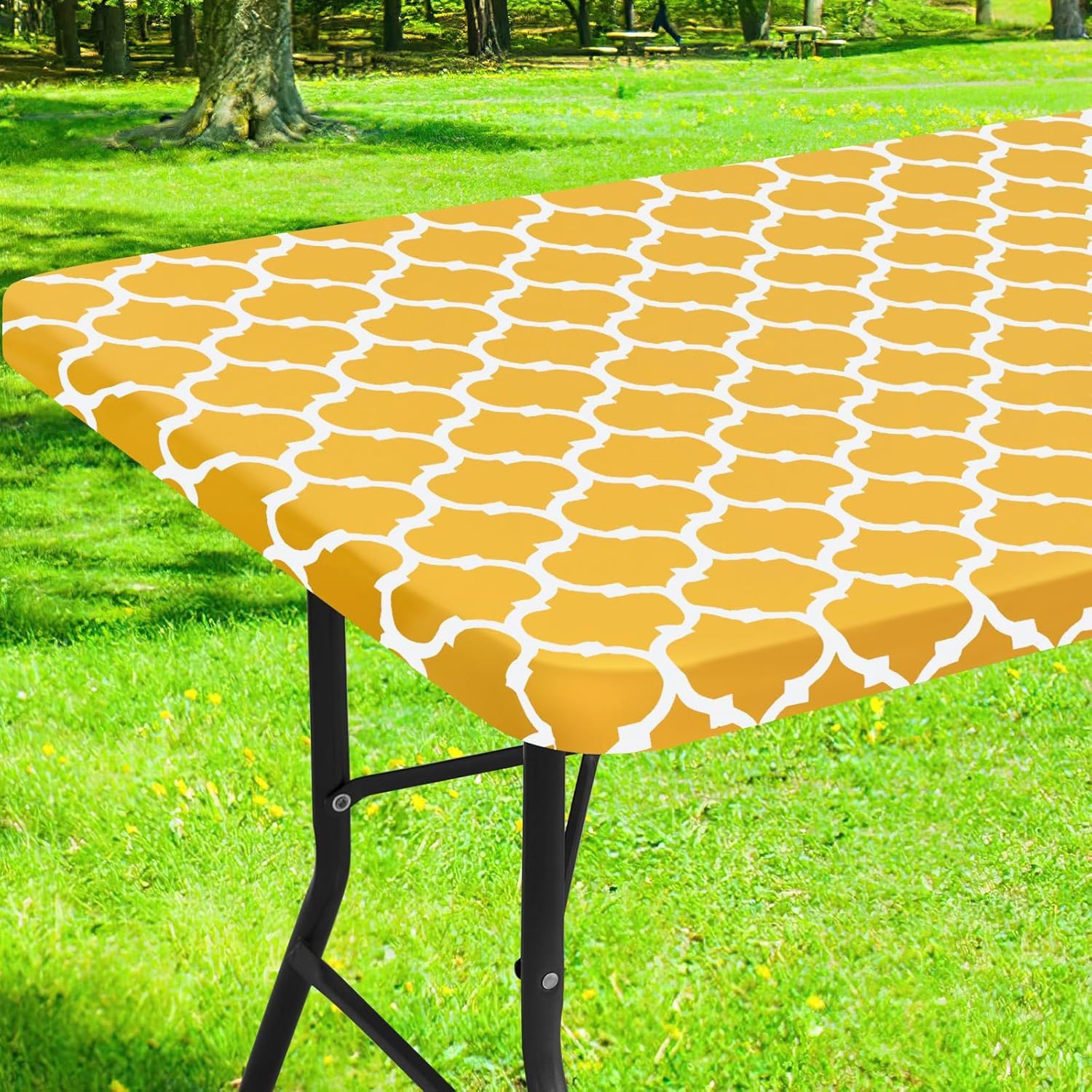 Morbuy Tablecloths Rectangular with Elastic Edged, Waterproof Wipeable Table Protector Cover Water Resistant Tablecloth Covers for Kitchen Outdoor Garden Table (Mustard Yellow,75x183cm)
