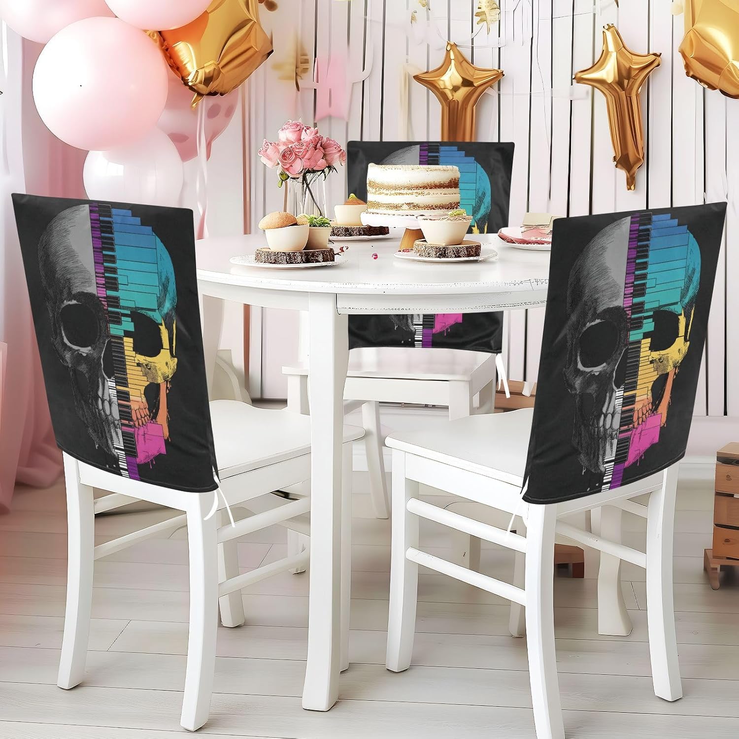 ALAZA Music Piano Keys and Skulls Chair Back Cover Set of 6, Washable Reusable Removable Chair Slipcovers Decorative Chair Cover for Home Kitchen Wedding Party