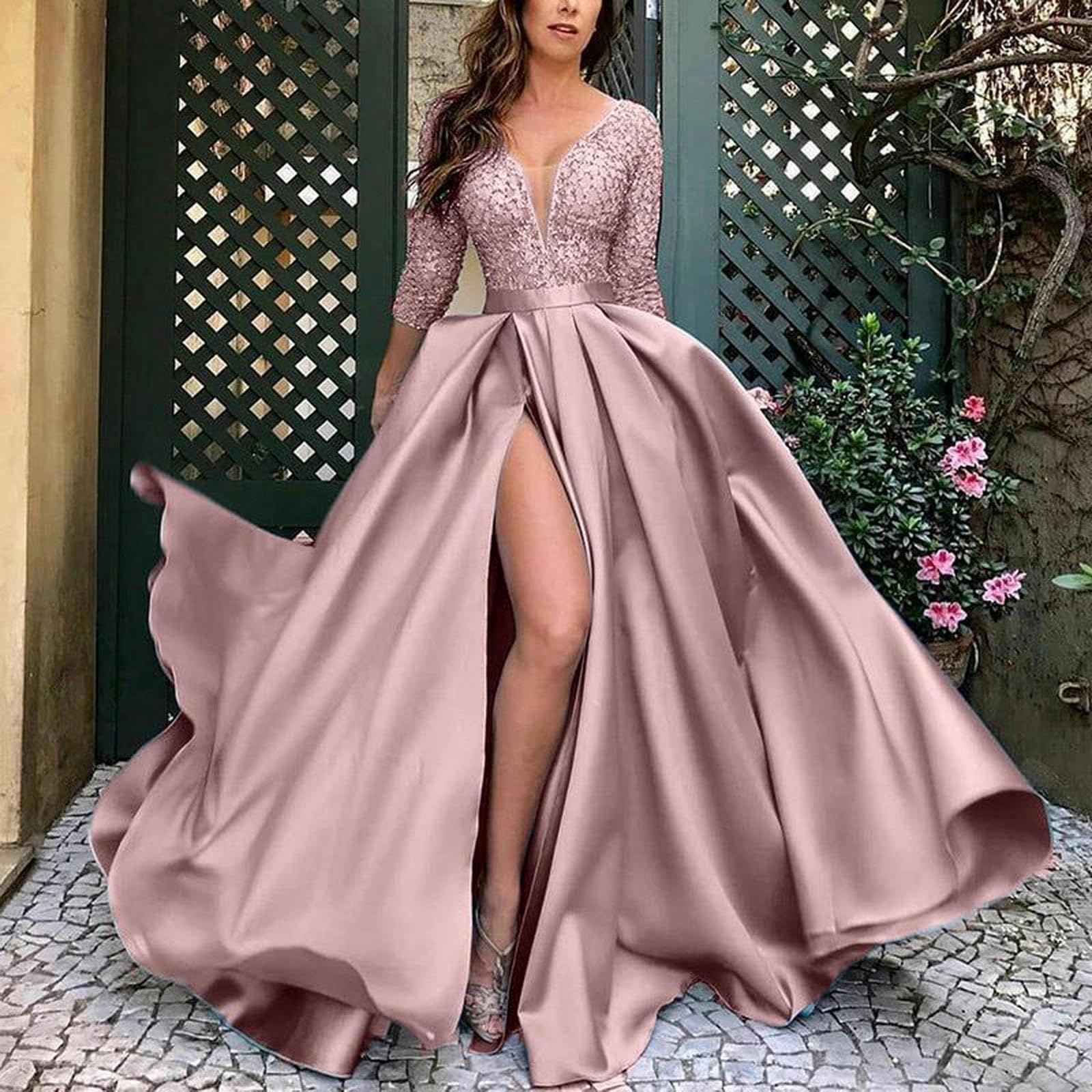 MdybF Letnie Sukienki Damskie Eleganckie Długie Suknie Ślubne Imprezowe Lady Satin V-ECK Długa Spódnica Tail